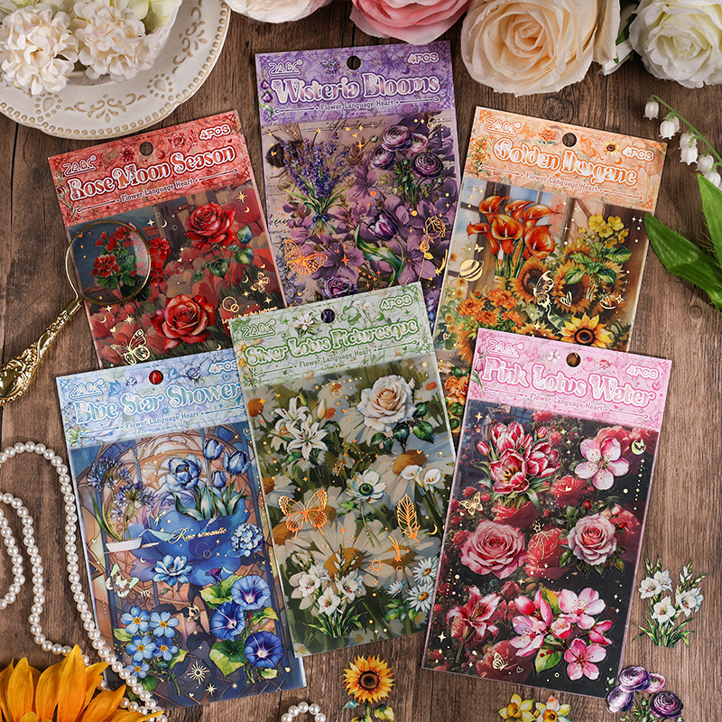 4 Sheet/Pack Pre-cut Rose Sunflower Floral Theme PET Stickers