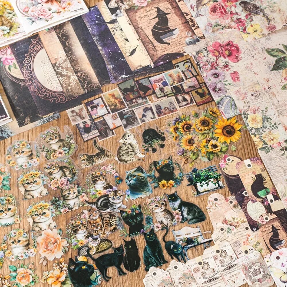 Vintage Cat Handbook Material Pack Flower Decoration Sticker