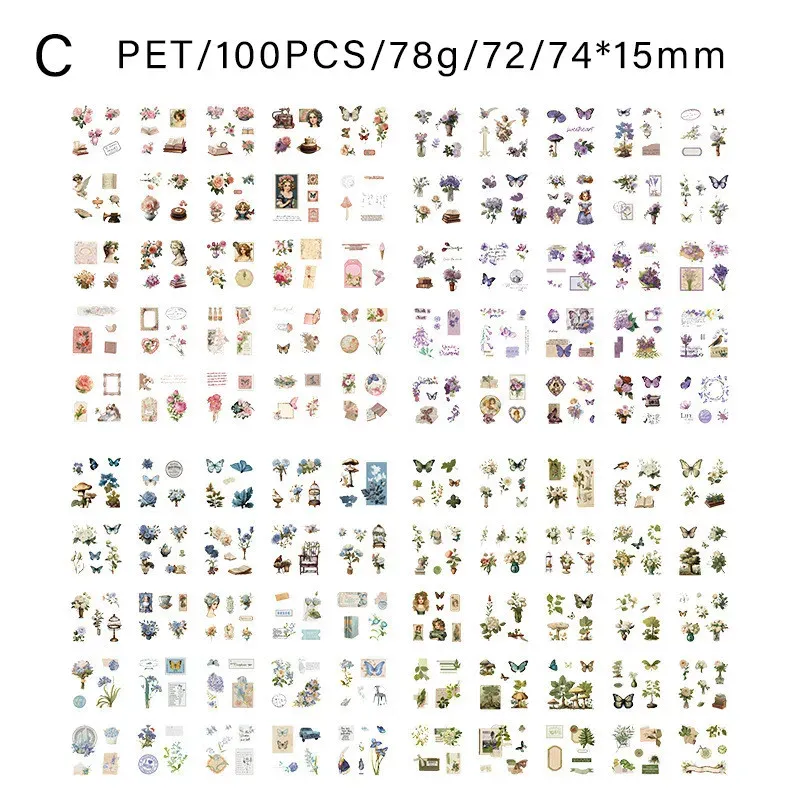 100 PCS Retro Large portion PET Stickers Box