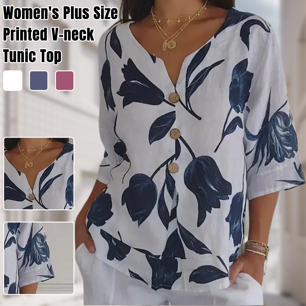 Flygooses Women's Plus Size Printed V-neck Tunic Top