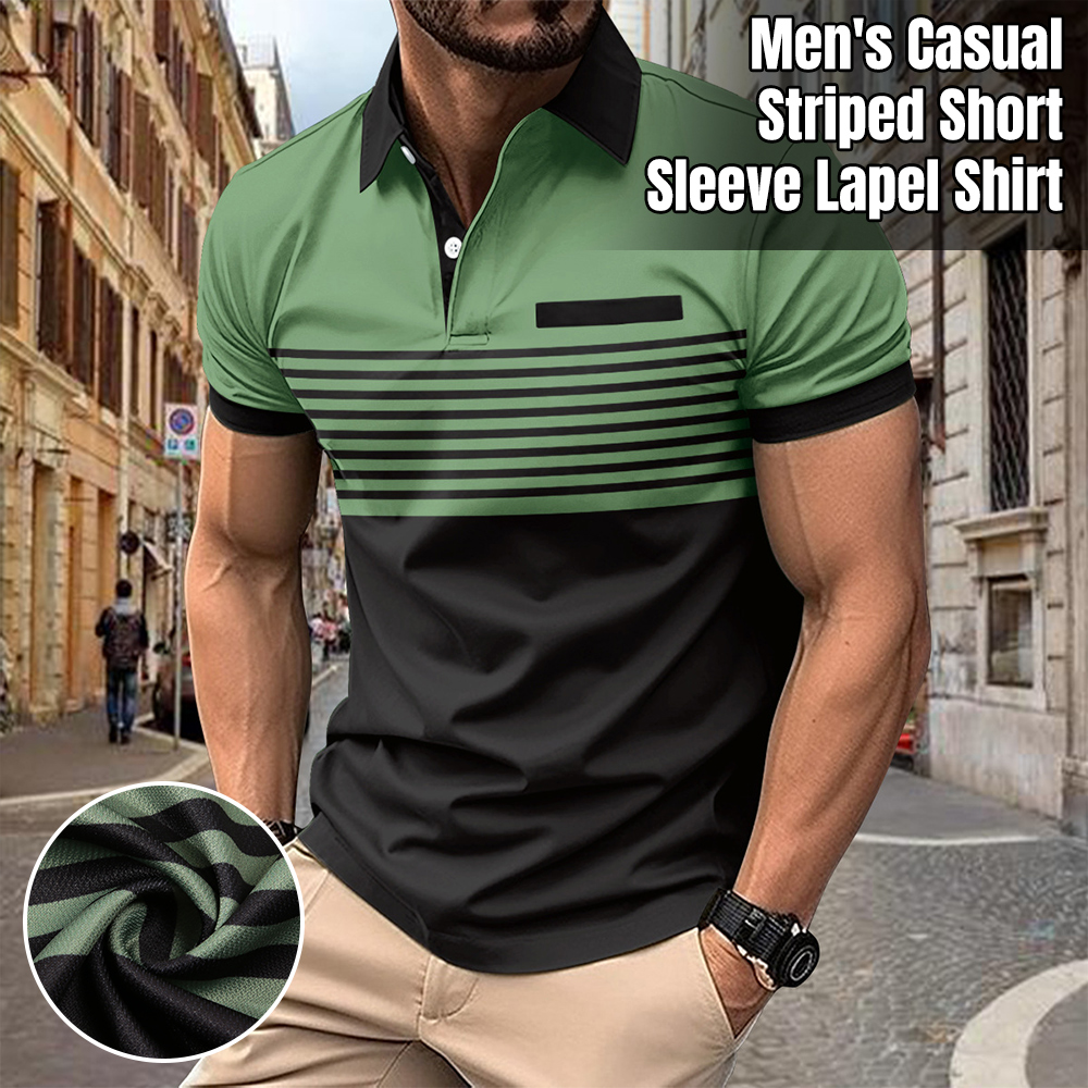 Men's Casual Striped Short Sleeve Lapel Polo Shirt