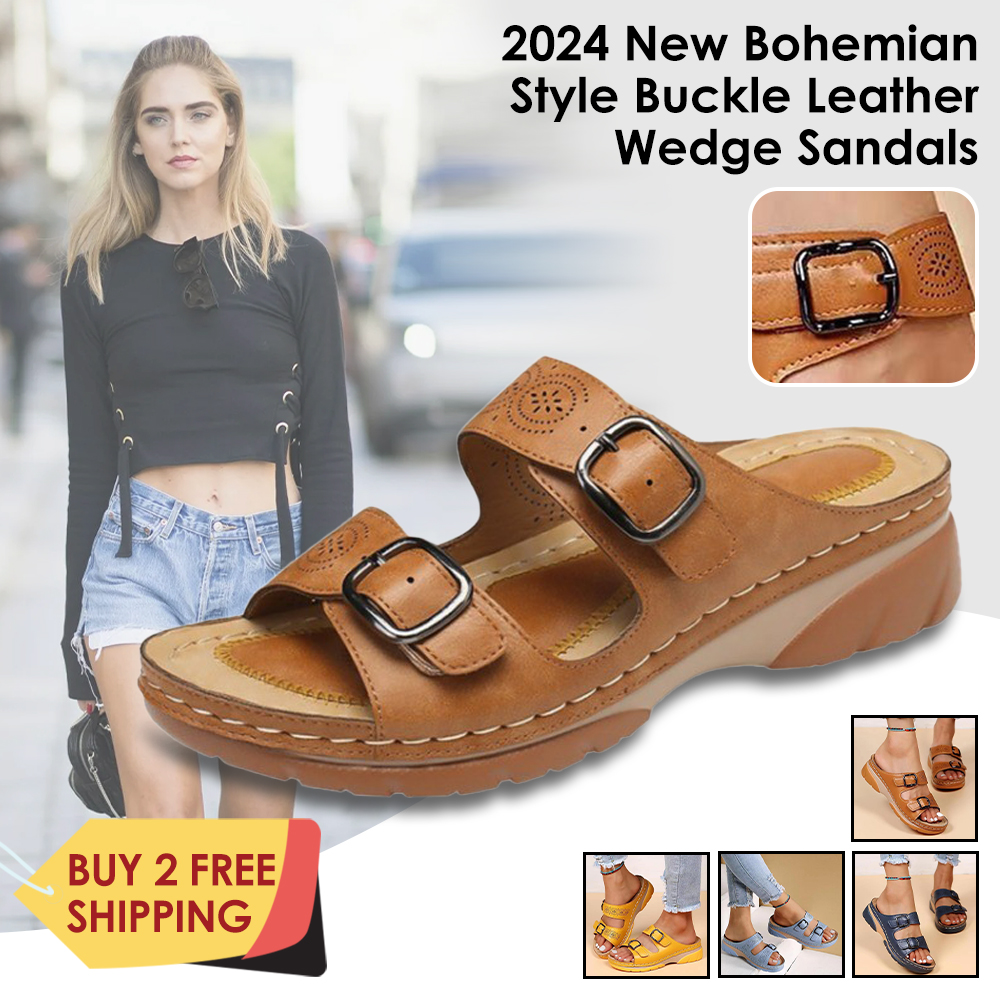 Flygooses 🔥2024 New🔥 Bohemian Style Buckle Leather Wedge Sandals - BUY 2 FREE SHIPPING