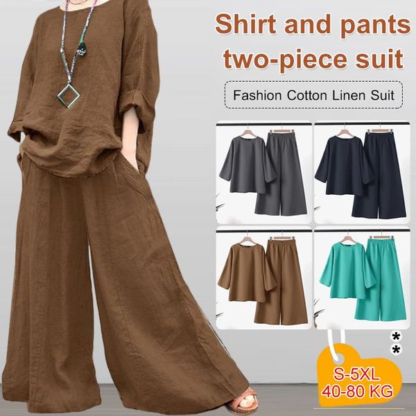 Flygooses Fashionable Cotton and Linen Shirt and Pants Two-Piece Set
