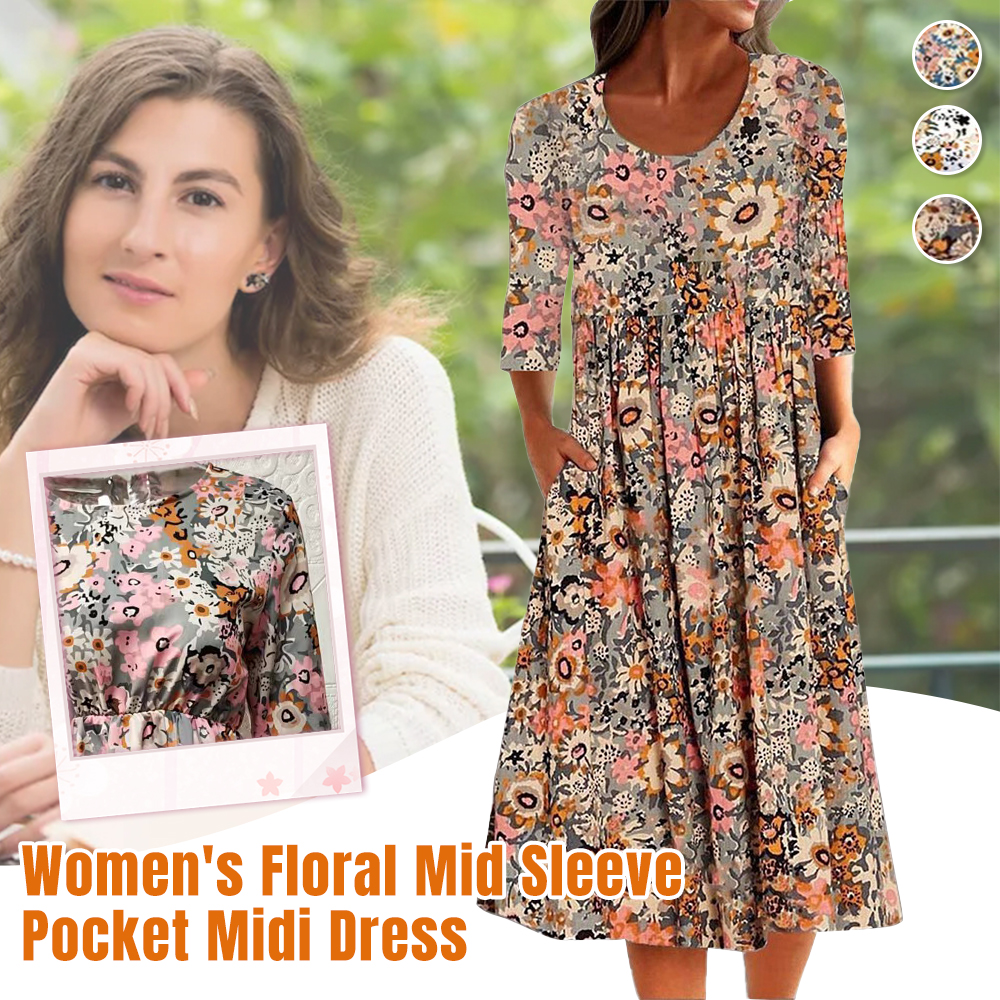 Flygooses Women's Floral Mid Sleeve Pocket Midi Dress