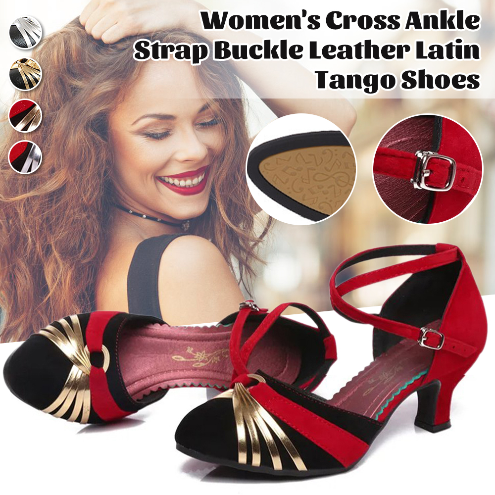 Flygooses Women's Cross Ankle Strap Buckle Leather Latin Tango Shoes