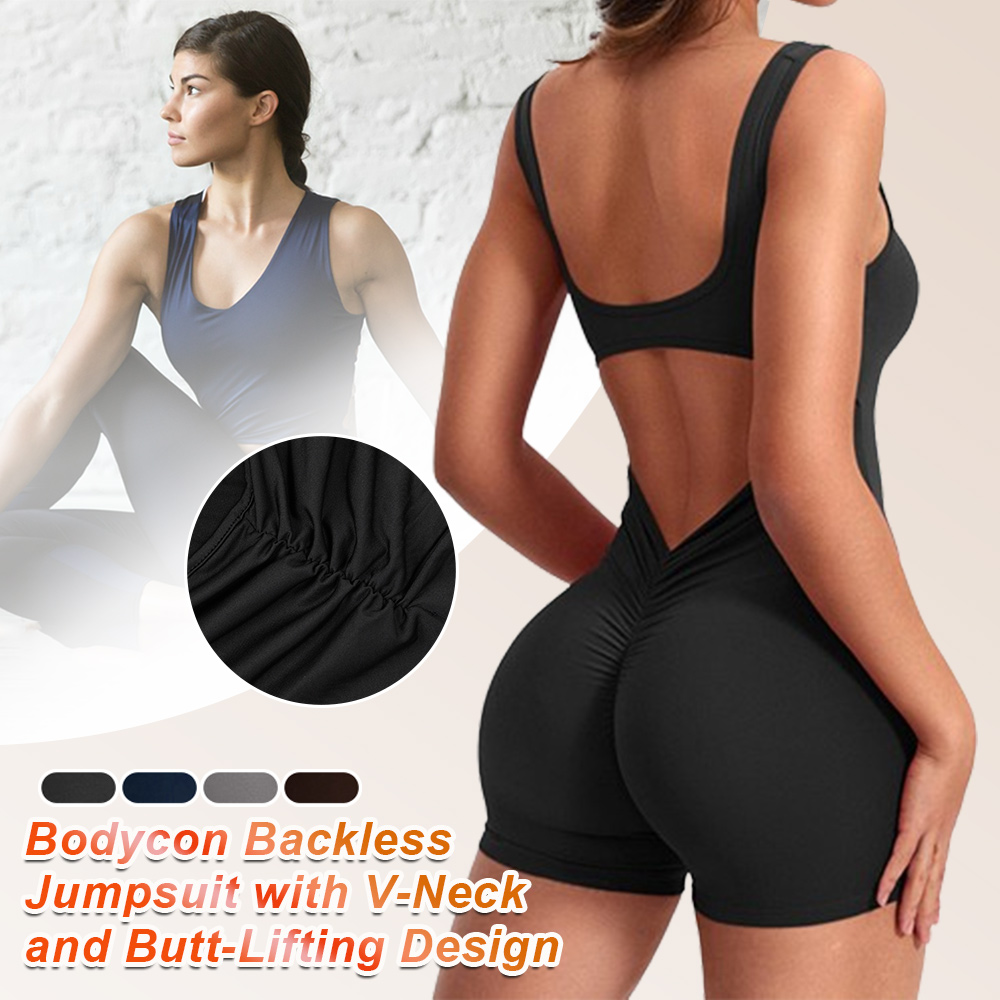Flygooses Bodycon Backless Jumpsuit with V-Neck and Butt-Lifting Design