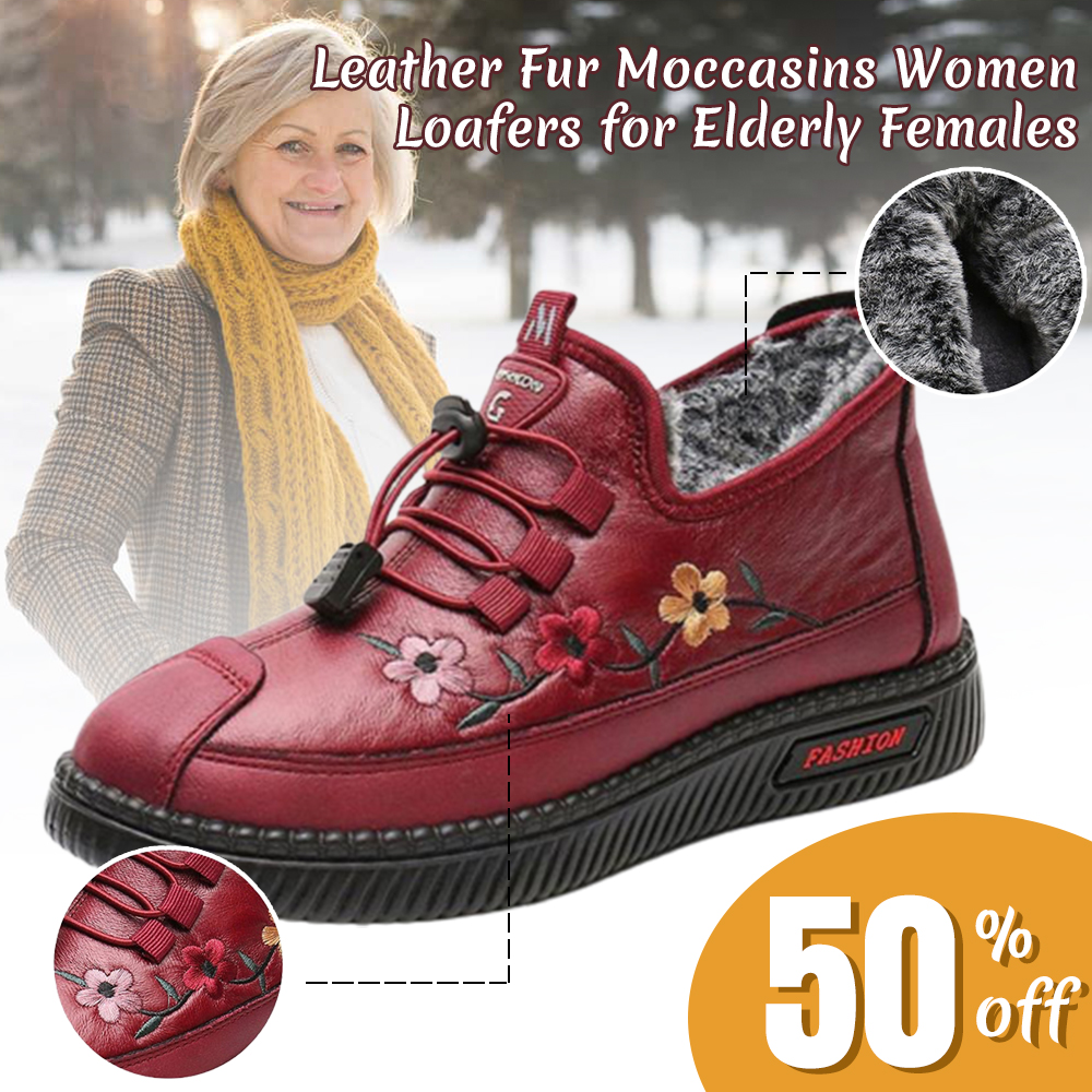 Typared Leather Fur Moccasins Women Loafers for Elderly Females
