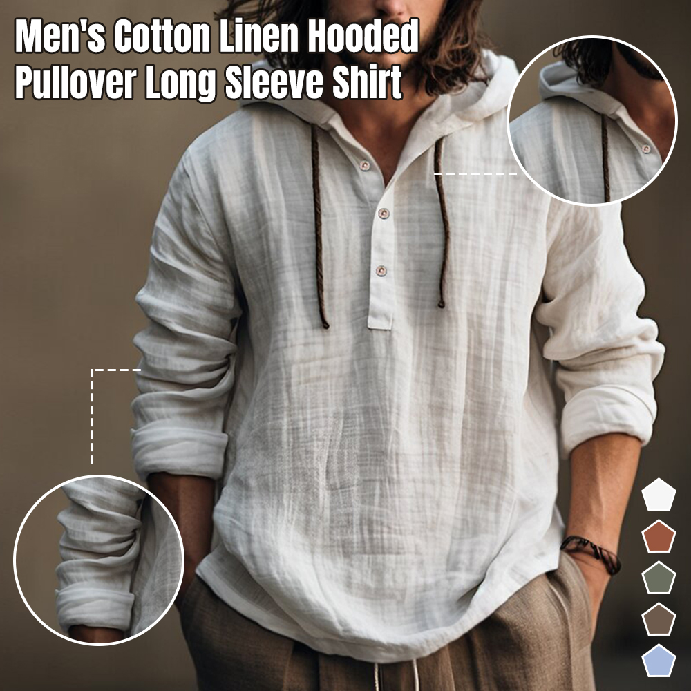 Shobous Men's Cotton Linen Hooded Pullover Long Sleeve Shirt