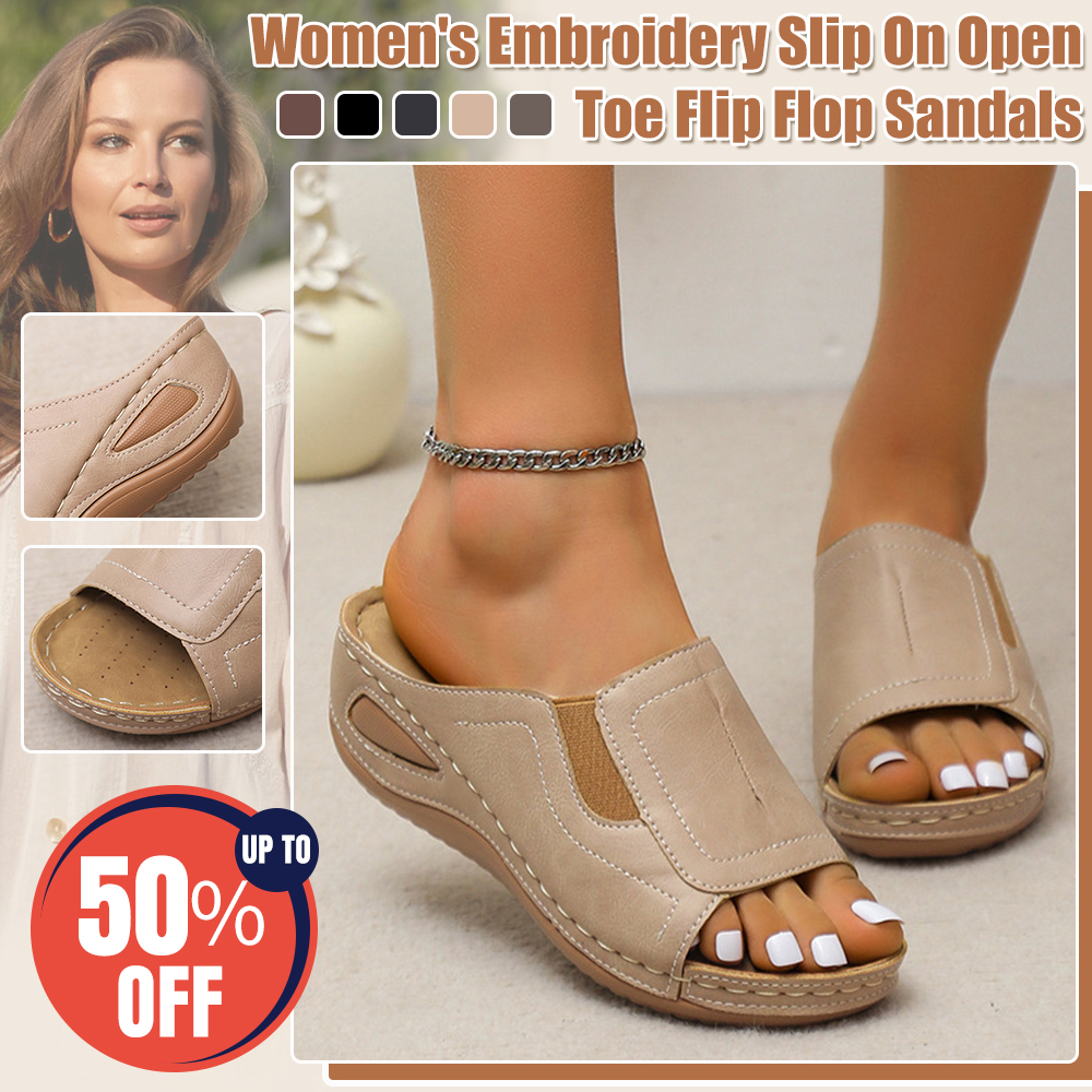 Shobous🔥50% Off🔥Women's Embroidery Slip On Open Toe Flip Flop Sandals