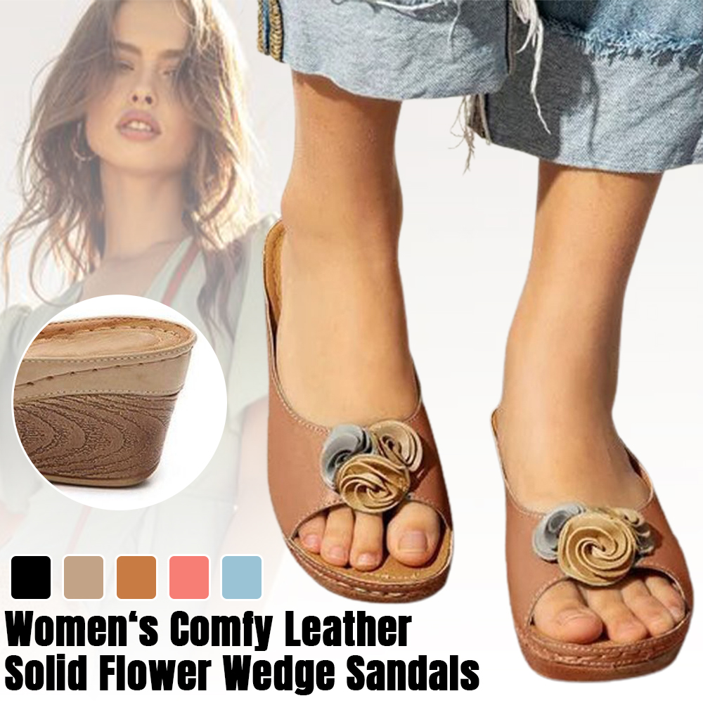 Shobous Women‘s Comfy Leather Solid Flower Wedge Sandals