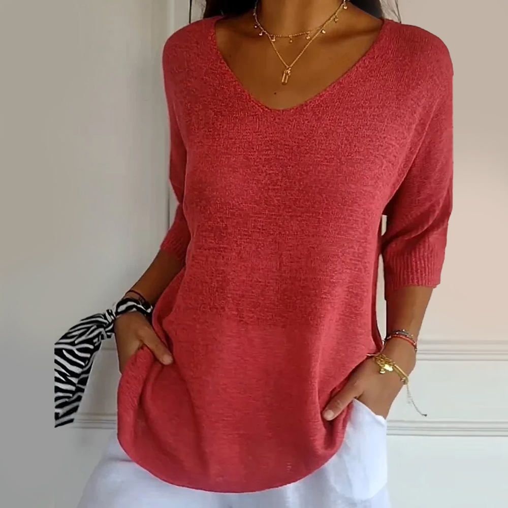 Women's Solid Color Knitted V-neck Top