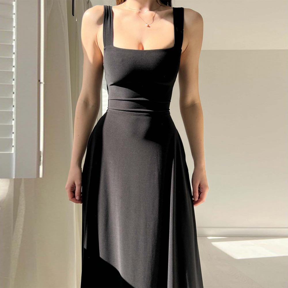 Flygooses Women's Elegant Strap Square Neck Waist Long Dress