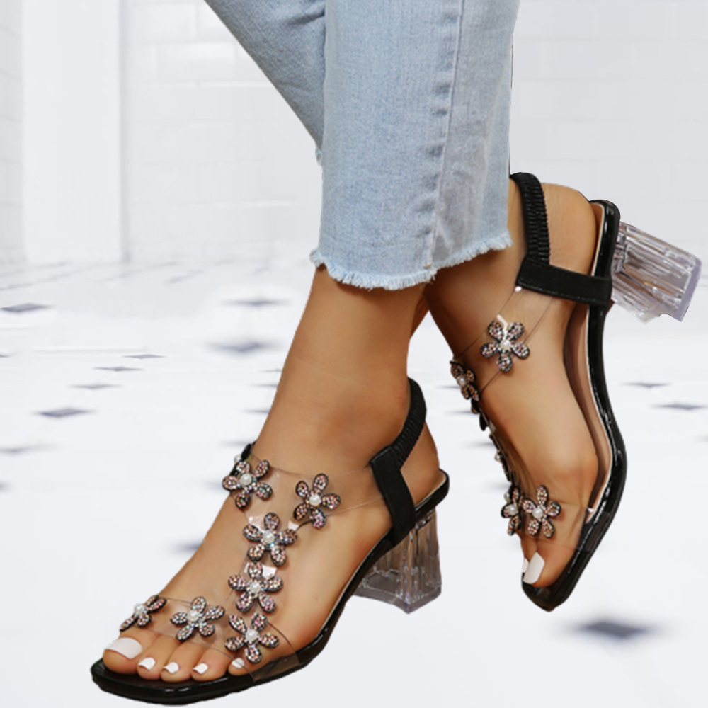 Shoesparks New fashion one word with flowers transparent heel rhinestone sandals