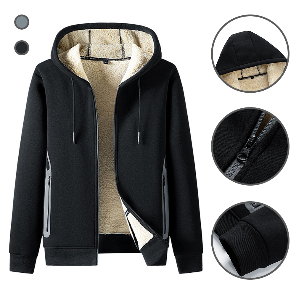 Shoesparks Men's casual solid color sherpa cardigan hooded sweatshirt thickened jacket