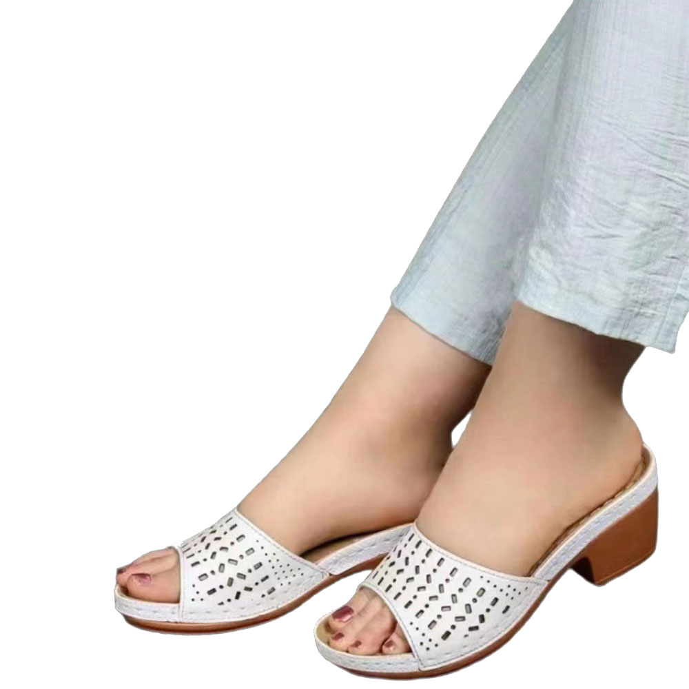 Summer new leather thick-heeled women's hollow slippers