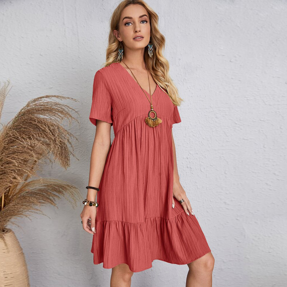 Shoesparks New solid color loose short-sleeved pleated dress