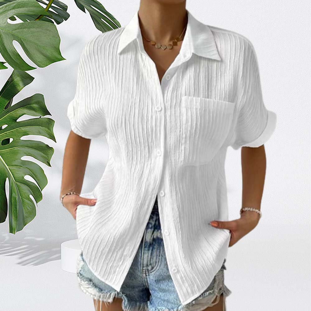 Shoesparks Summer New Ladies Solid Color Comfortable Casual Lapel Pocket Short Sleeve Shirt