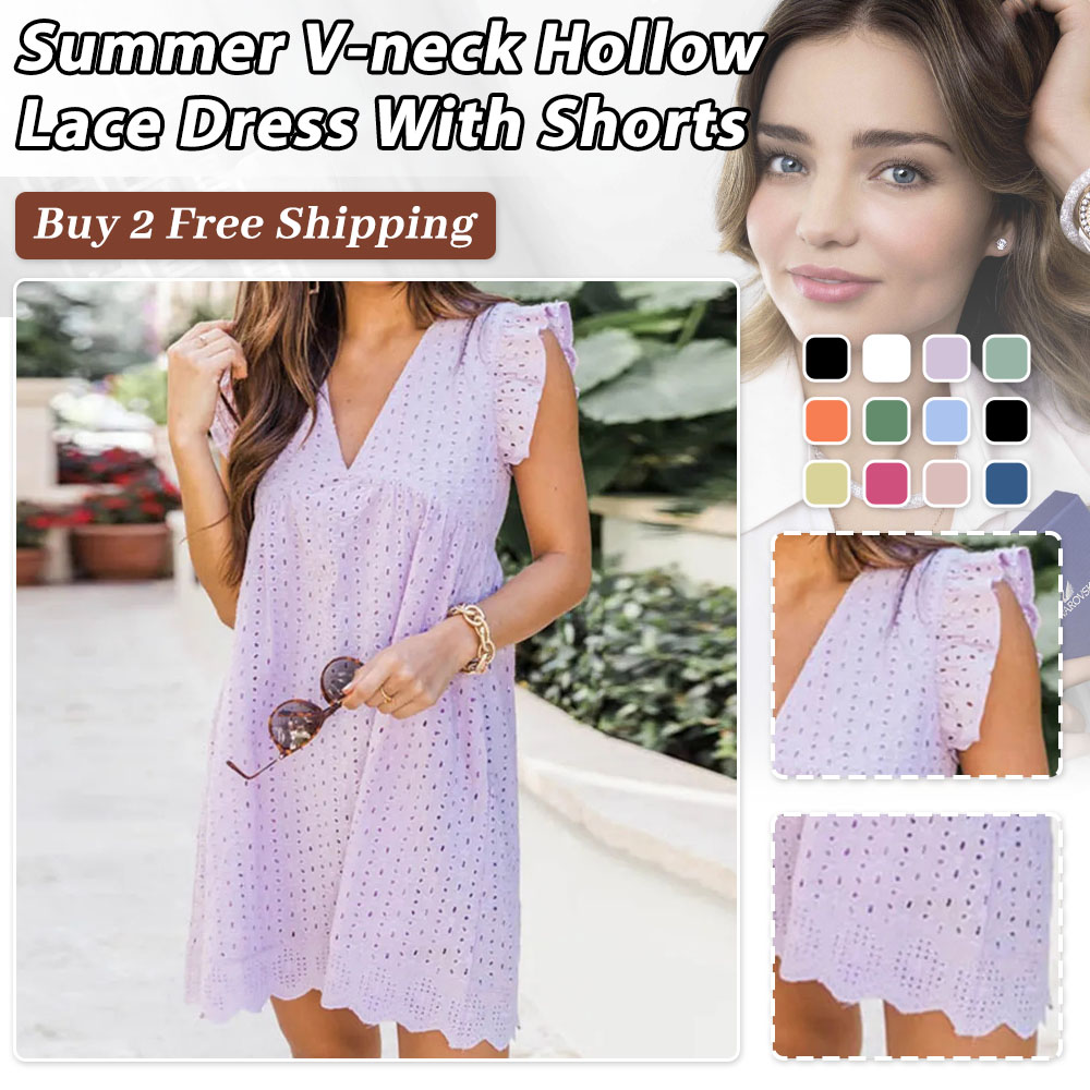 Flygooses 💖Summer V-neck Hollow Lace Dress With Shorts👗