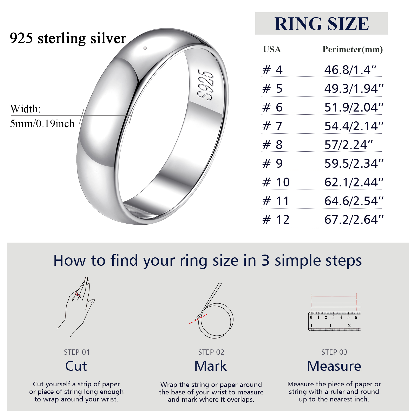 Simple Band Rings for Women, 2mm/3mm/5mm 925 Sterling Silver Ring Engagement Wedding Band for Couple with Gift Box-Size 4-12
