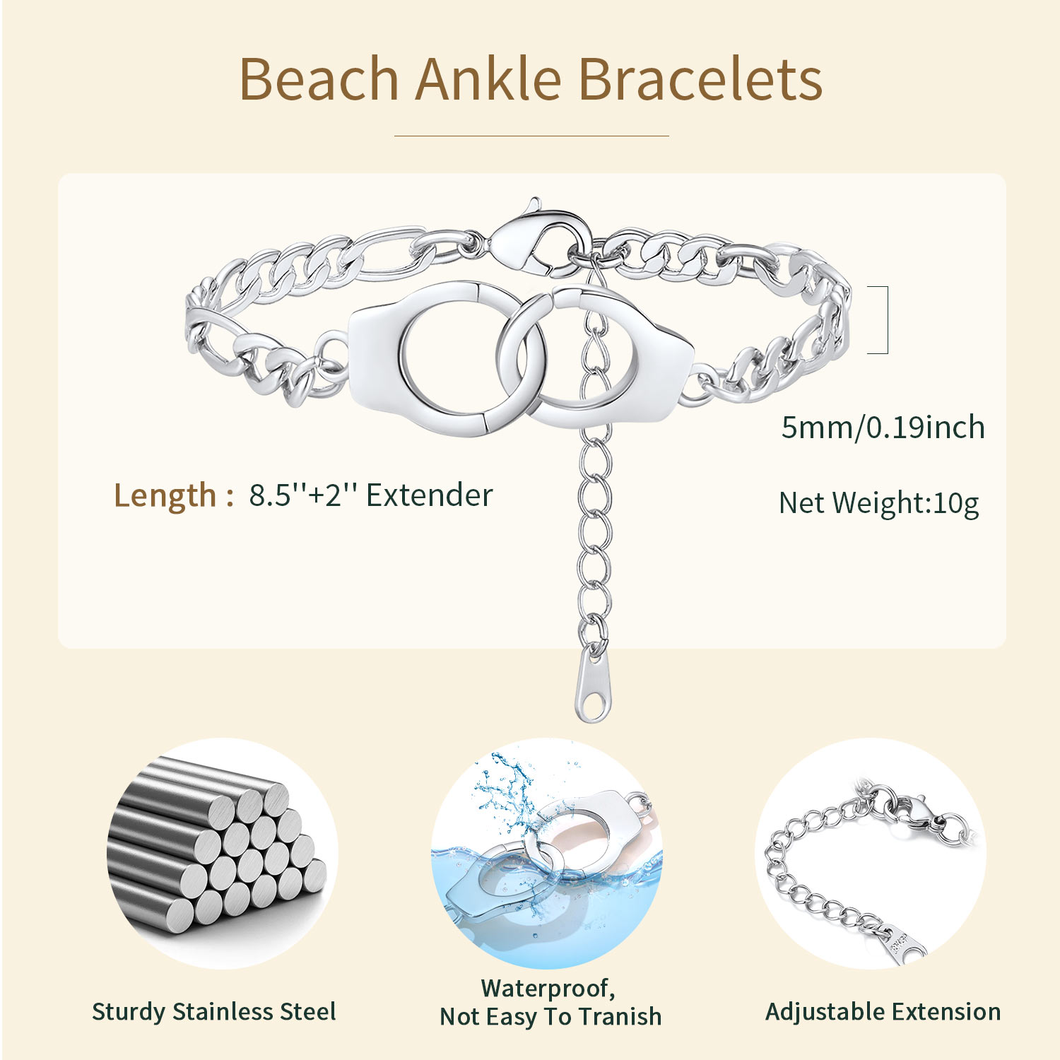 Handcuff Ankle Bracelets for Women Stainless Steel Anklets Gothic Punk Jewelry 8.5" Adjustable Ankle Chain Summer Foot Link Infinity Anklets for Birthday Christmas