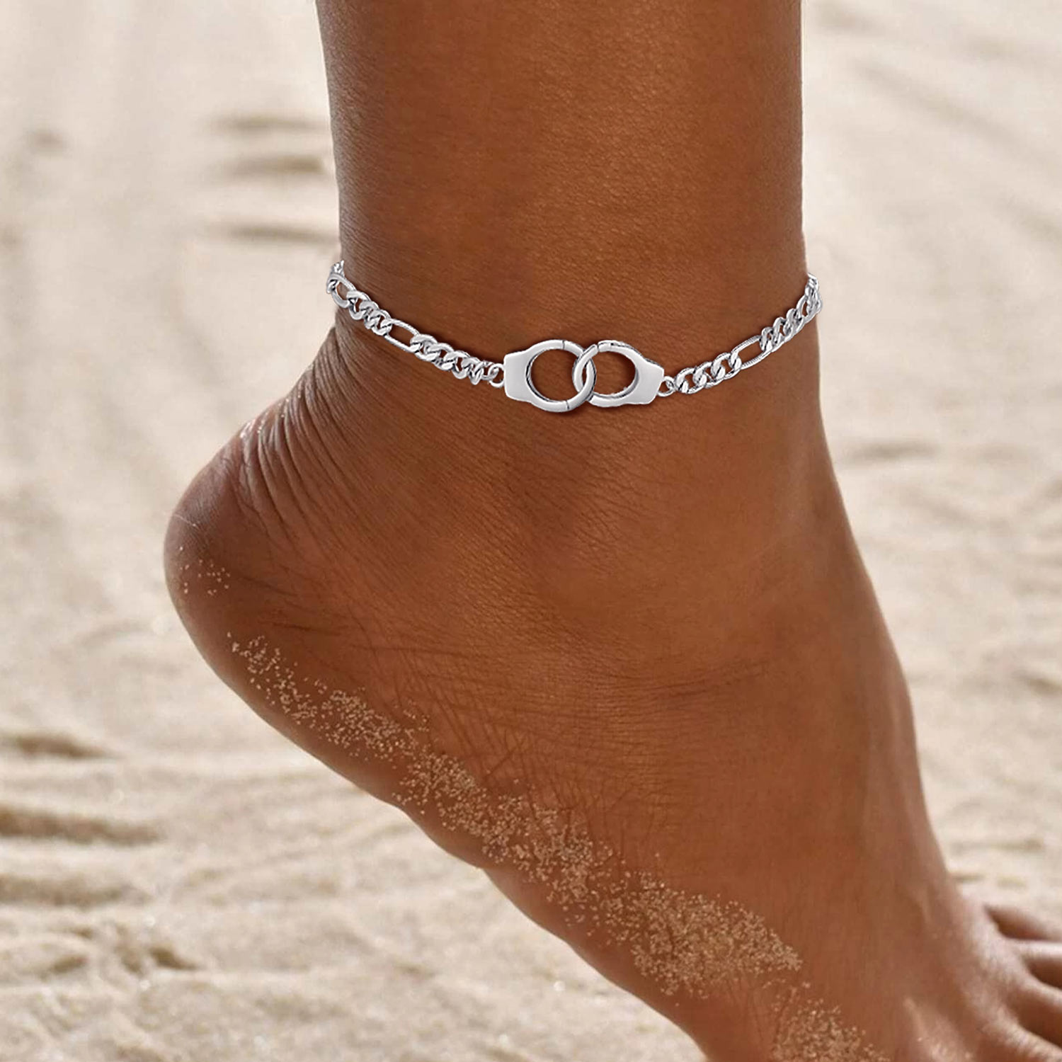 Handcuff Ankle Bracelets for Women Stainless Steel Anklets Gothic Punk Jewelry 8.5" Adjustable Ankle Chain Summer Foot Link Infinity Anklets for Birthday Christmas