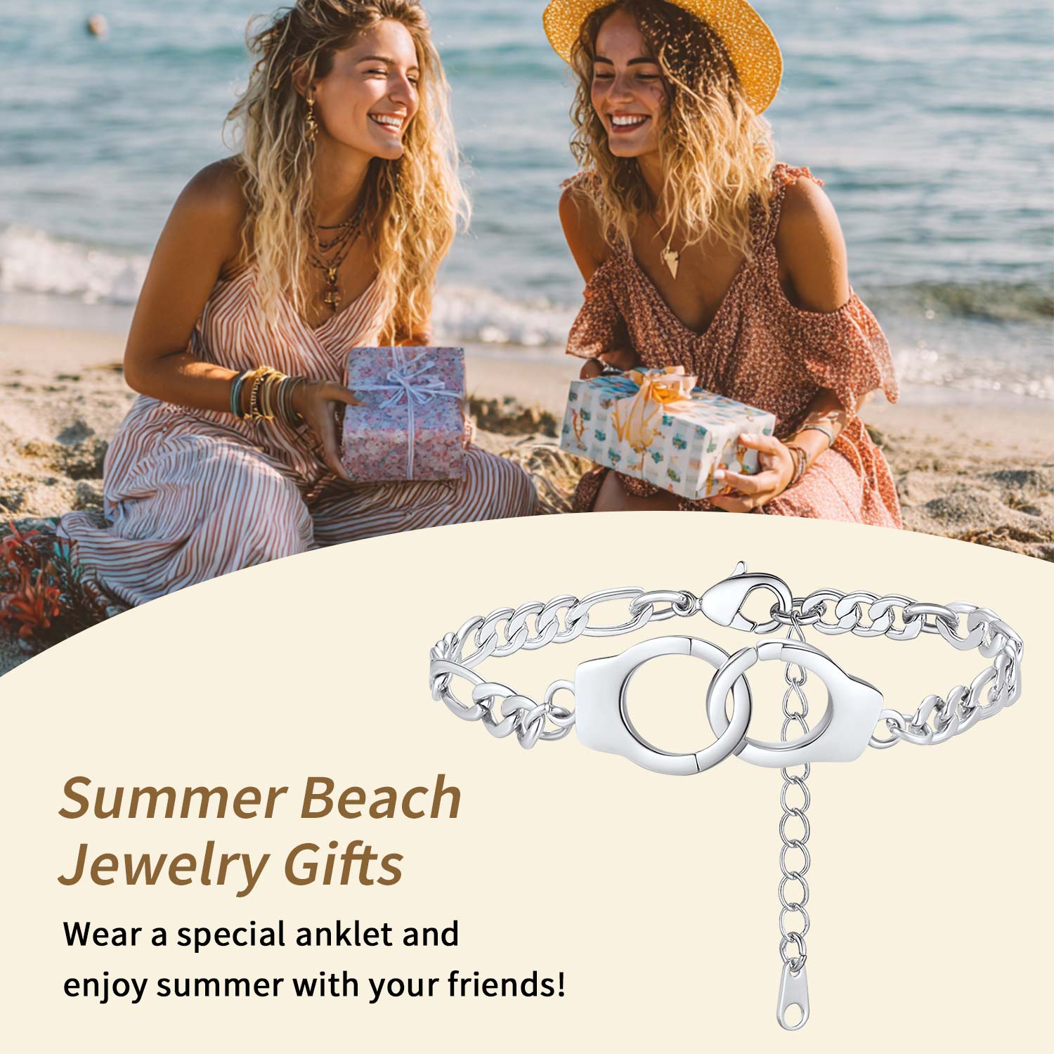 Handcuff Ankle Bracelets for Women Stainless Steel Anklets Gothic Punk Jewelry 8.5" Adjustable Ankle Chain Summer Foot Link Infinity Anklets for Birthday Christmas