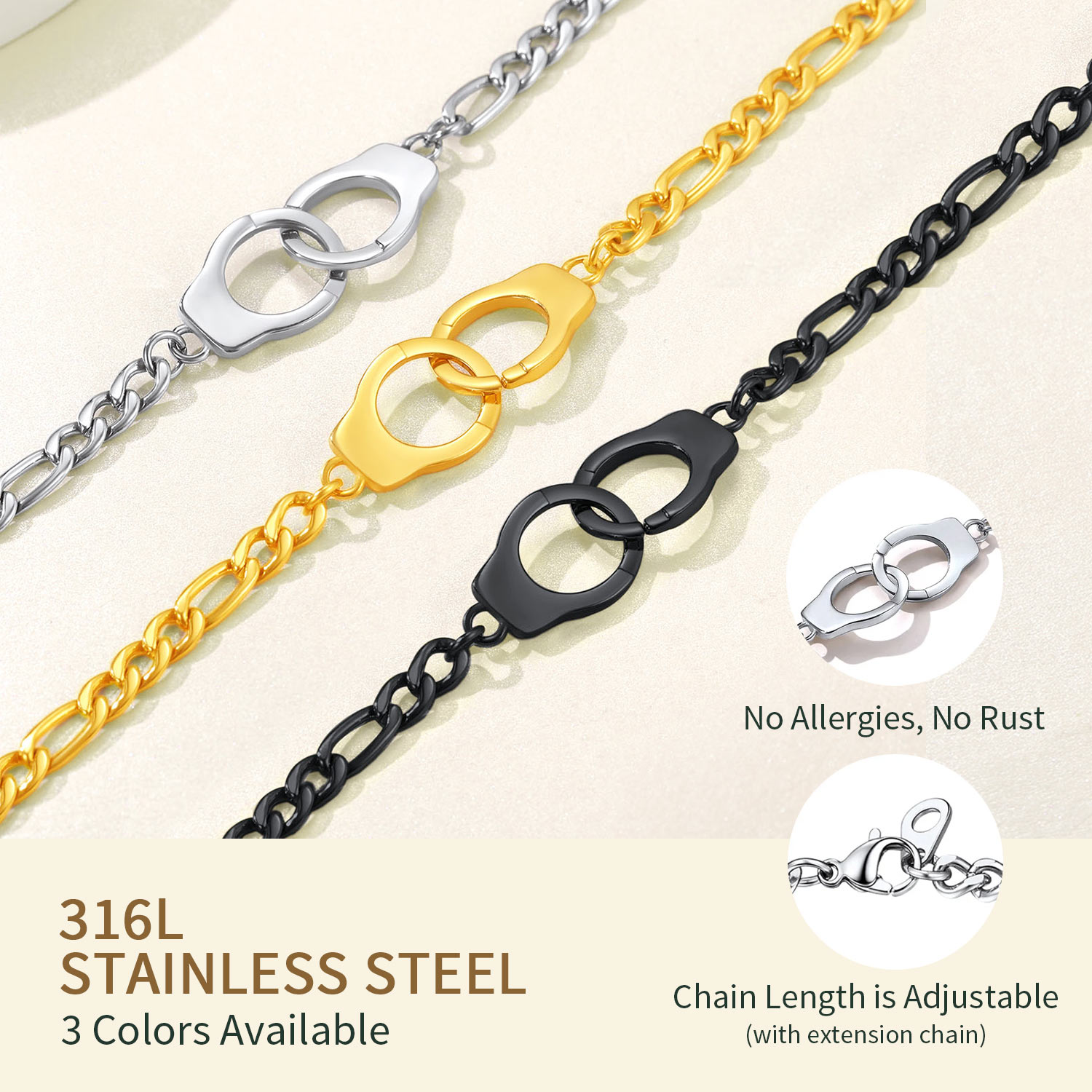 Handcuff Ankle Bracelets for Women Stainless Steel Anklets Gothic Punk Jewelry 8.5" Adjustable Ankle Chain Summer Foot Link Infinity Anklets for Birthday Christmas