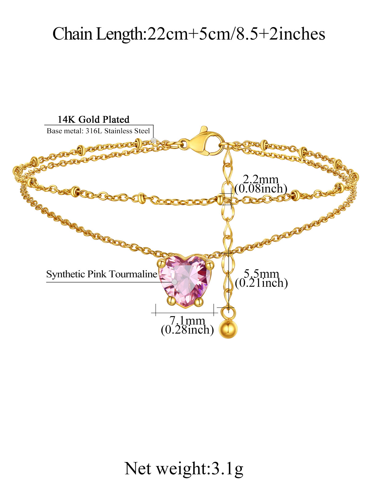 Anklets for Women Waterproof, Bling Heart Birthstone Ankle Bracelets Stainless Steel Silver Layered Beaded Foot Chain Summer Jewelry for Birthday Valentines Day with Gift Box