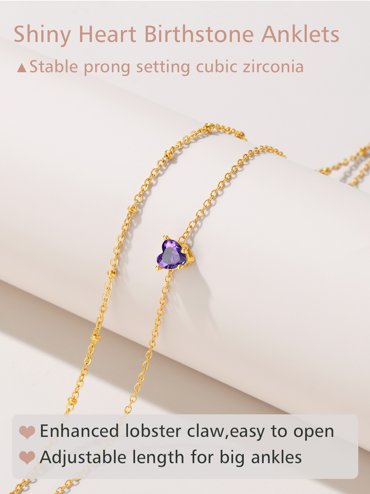 Anklets for Women Waterproof, Bling Heart Birthstone Ankle Bracelets Stainless Steel Silver Layered Beaded Foot Chain Summer Jewelry for Birthday Valentines Day with Gift Box