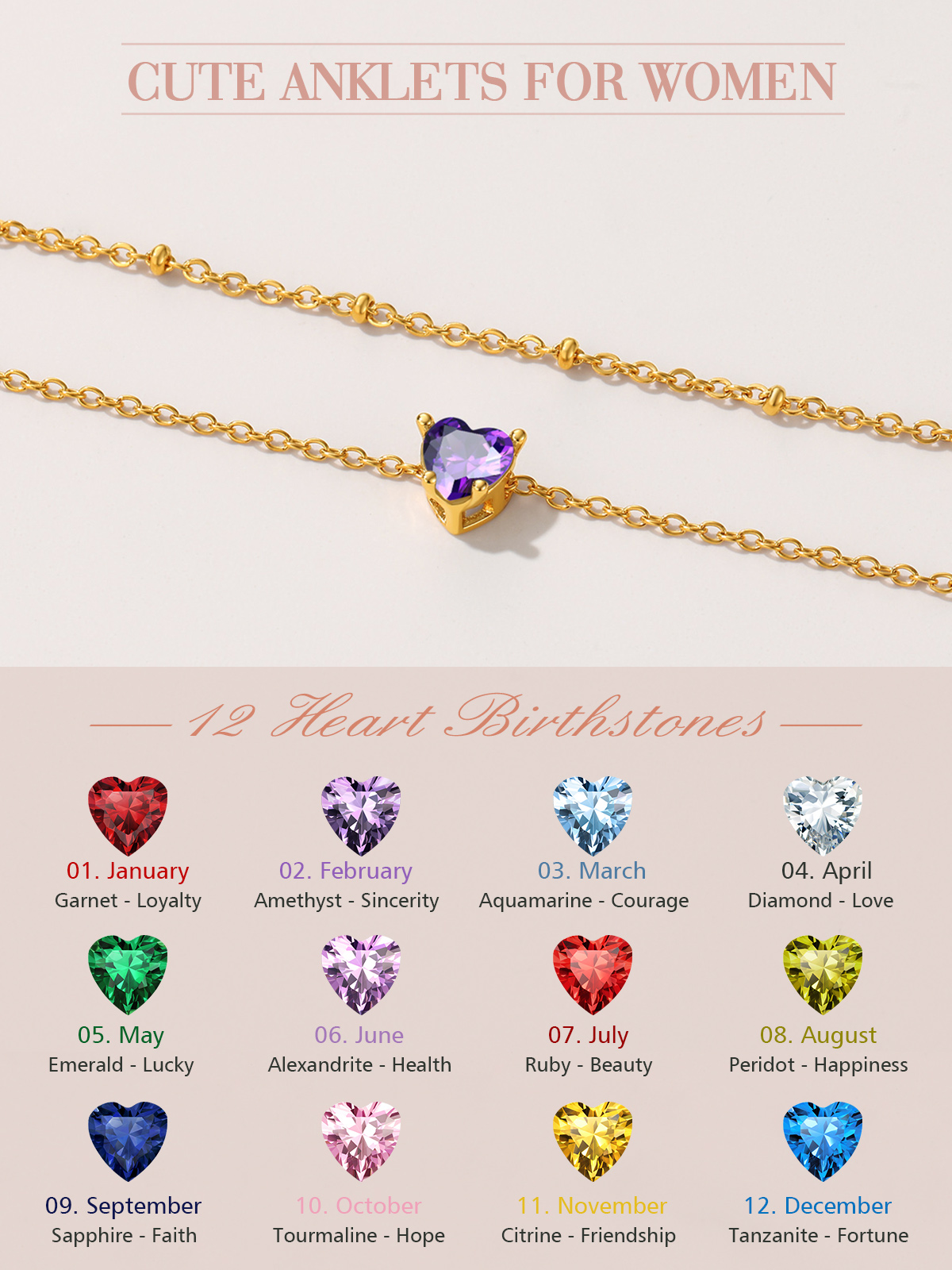 Anklets for Women Waterproof, Bling Heart Birthstone Ankle Bracelets Stainless Steel Silver Layered Beaded Foot Chain Summer Jewelry for Birthday Valentines Day with Gift Box