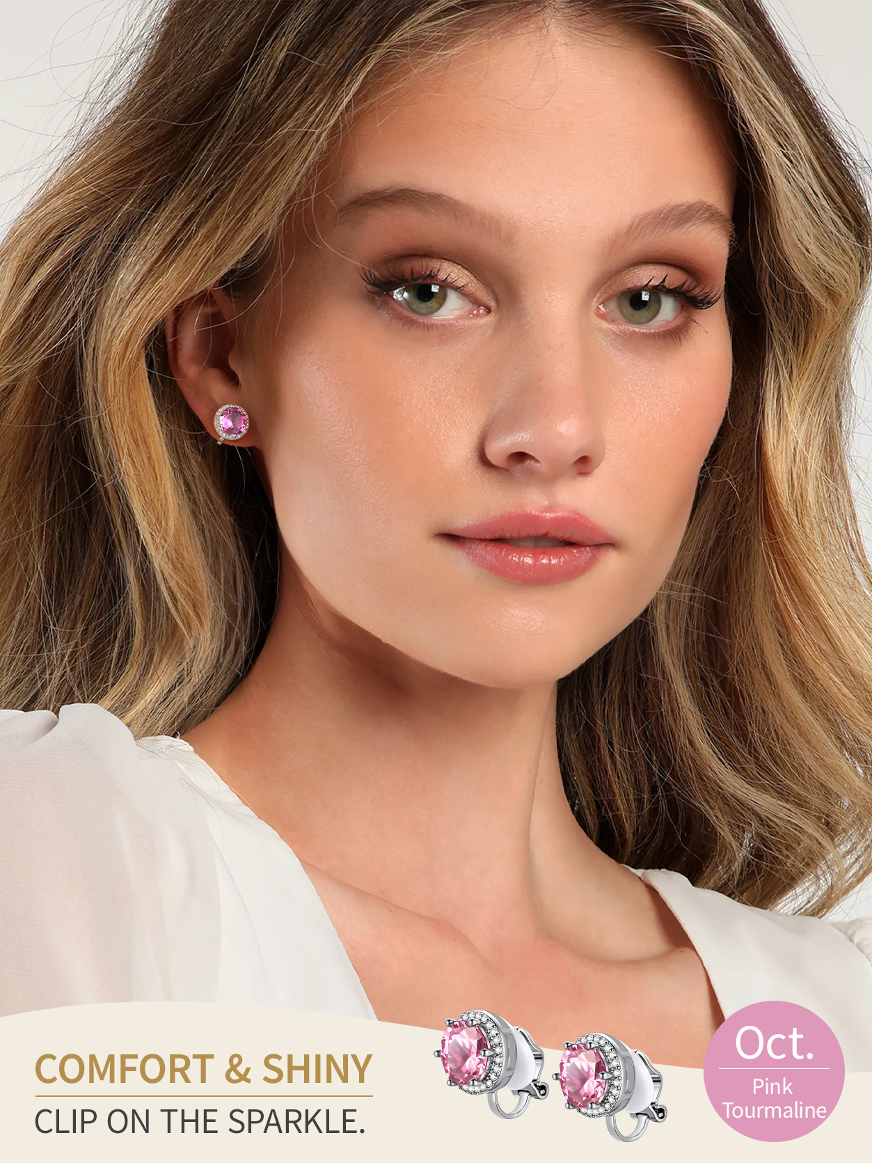 Clip On Earrings for Wome Lightweight 8MM Cubic Zirconia Non Pierced Studs Birthstone Earrings Birthday Valentines Day Jewelry Gifts for Her/Mom/Girlfriend