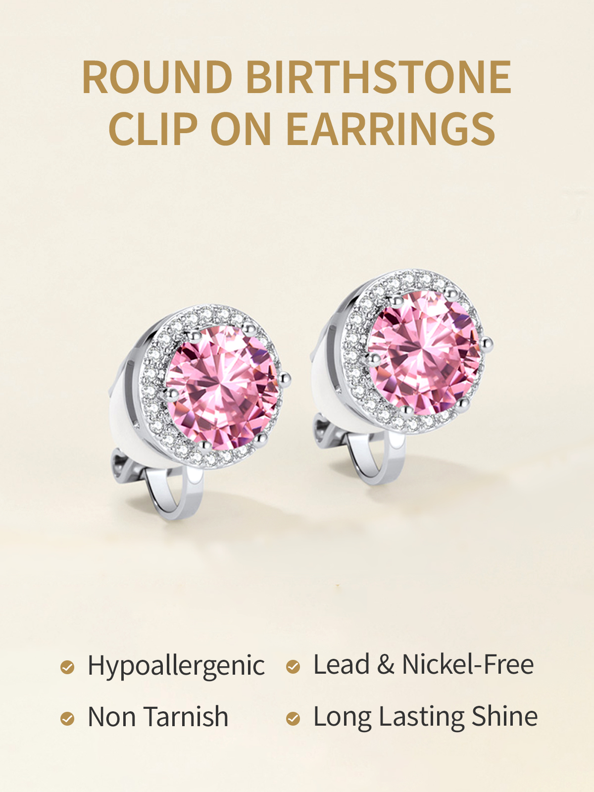 Clip On Earrings for Wome Lightweight 8MM Cubic Zirconia Non Pierced Studs Birthstone Earrings Birthday Valentines Day Jewelry Gifts for Her/Mom/Girlfriend