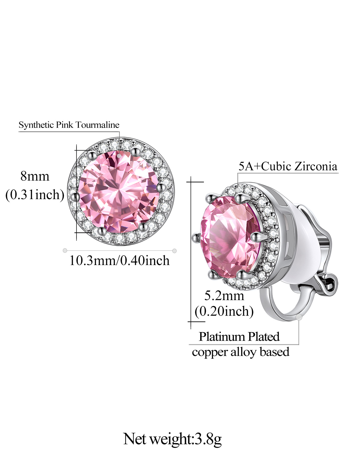 Clip On Earrings for Wome Lightweight 8MM Cubic Zirconia Non Pierced Studs Birthstone Earrings Birthday Valentines Day Jewelry Gifts for Her/Mom/Girlfriend