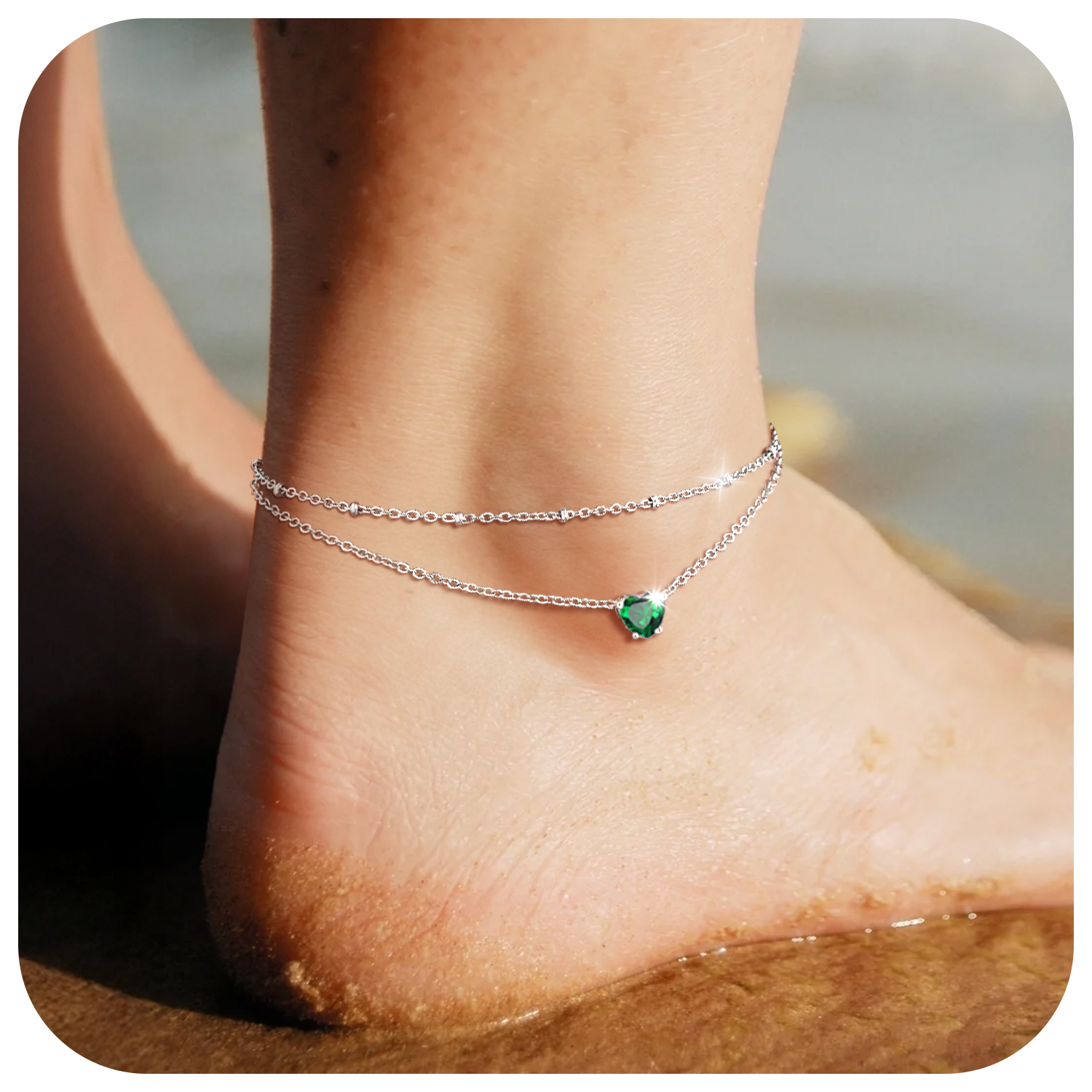 Anklets for Women Waterproof, Bling Heart Birthstone Ankle Bracelets Stainless Steel Silver Layered Beaded Foot Chain Summer Jewelry for Birthday Valentines Day with Gift Box