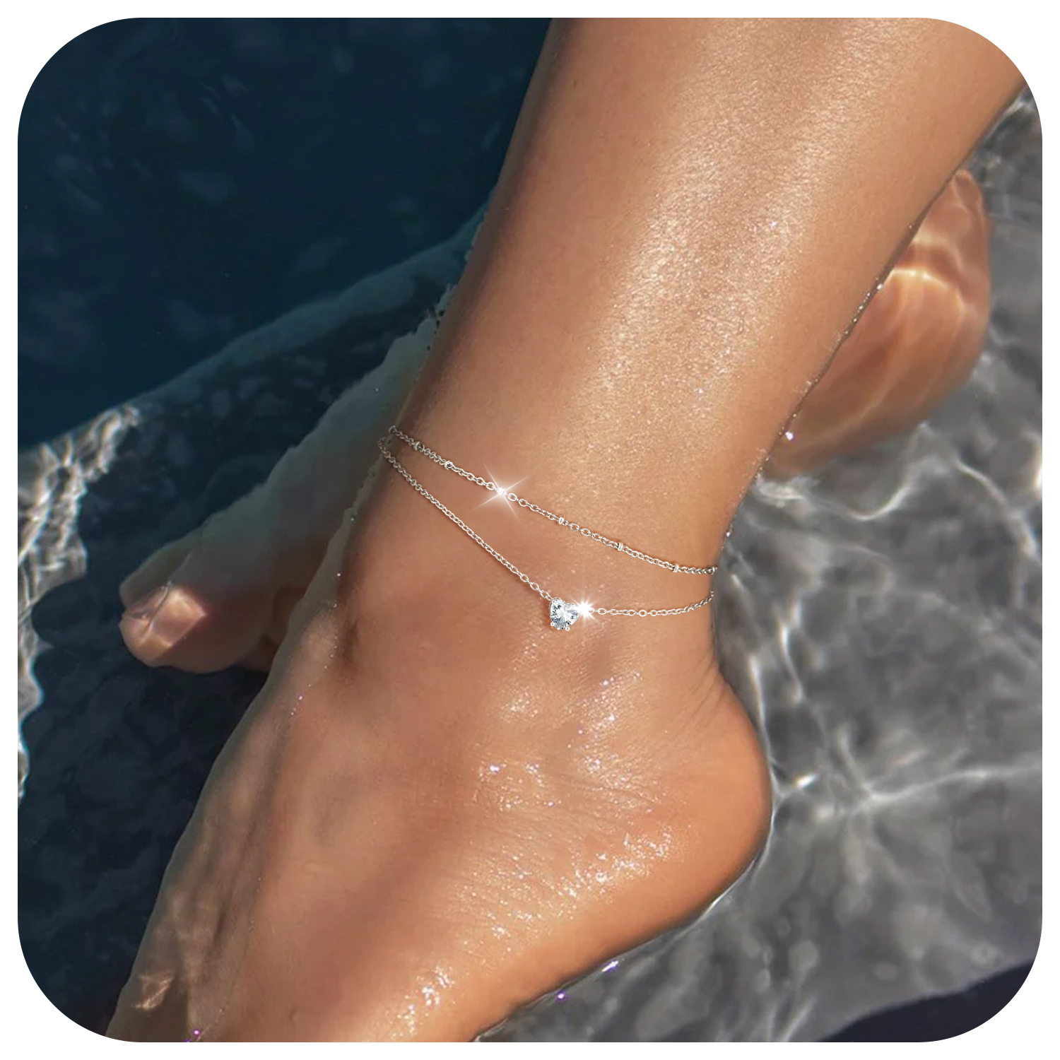 Anklets for Women Waterproof, Bling Heart Birthstone Ankle Bracelets Stainless Steel Silver Layered Beaded Foot Chain Summer Jewelry for Birthday Valentines Day with Gift Box