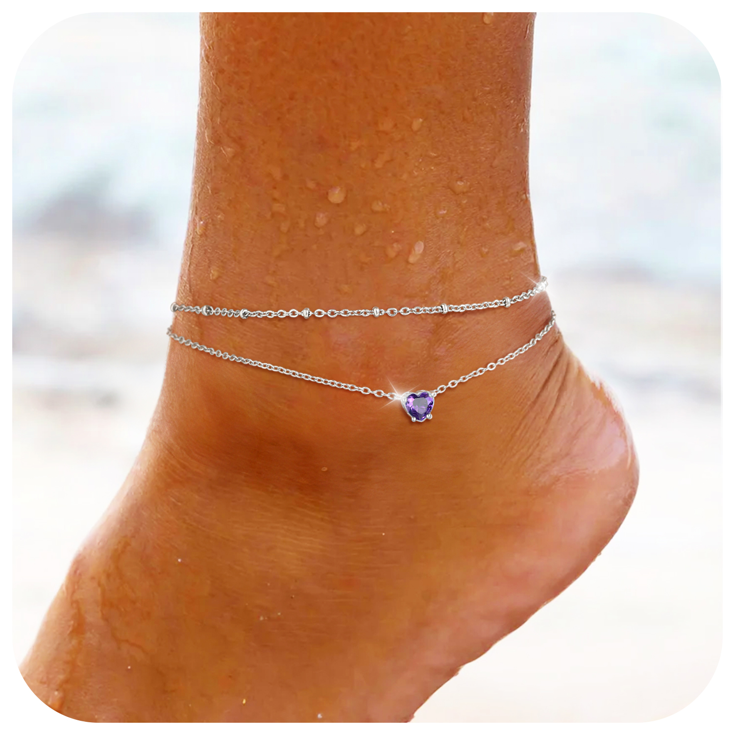 Anklets for Women Waterproof, Bling Heart Birthstone Ankle Bracelets Stainless Steel Silver Layered Beaded Foot Chain Summer Jewelry for Birthday Valentines Day with Gift Box