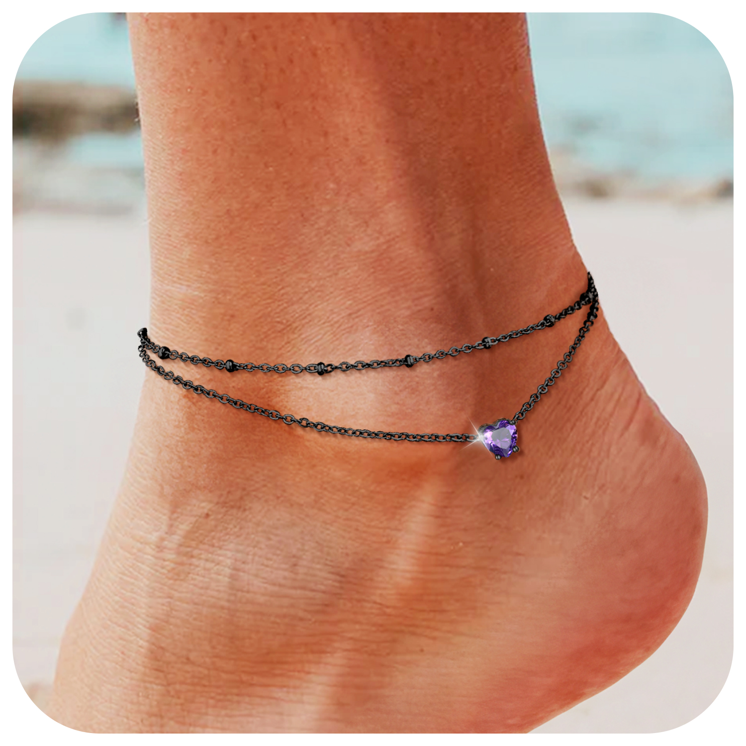 Anklets for Women Waterproof, Bling Heart Birthstone Ankle Bracelets Stainless Steel Silver Layered Beaded Foot Chain Summer Jewelry for Birthday Valentines Day with Gift Box