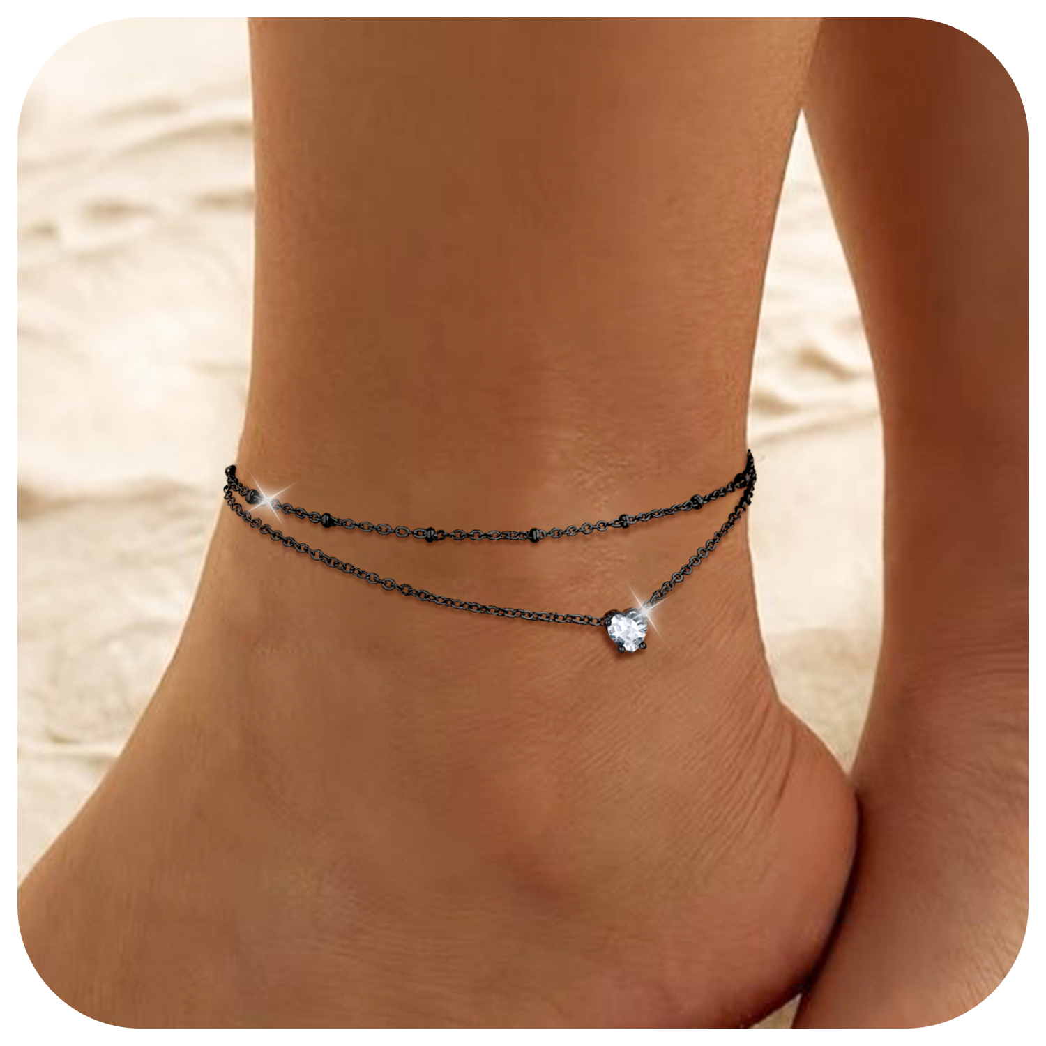 Anklets for Women Waterproof, Bling Heart Birthstone Ankle Bracelets Stainless Steel Silver Layered Beaded Foot Chain Summer Jewelry for Birthday Valentines Day with Gift Box