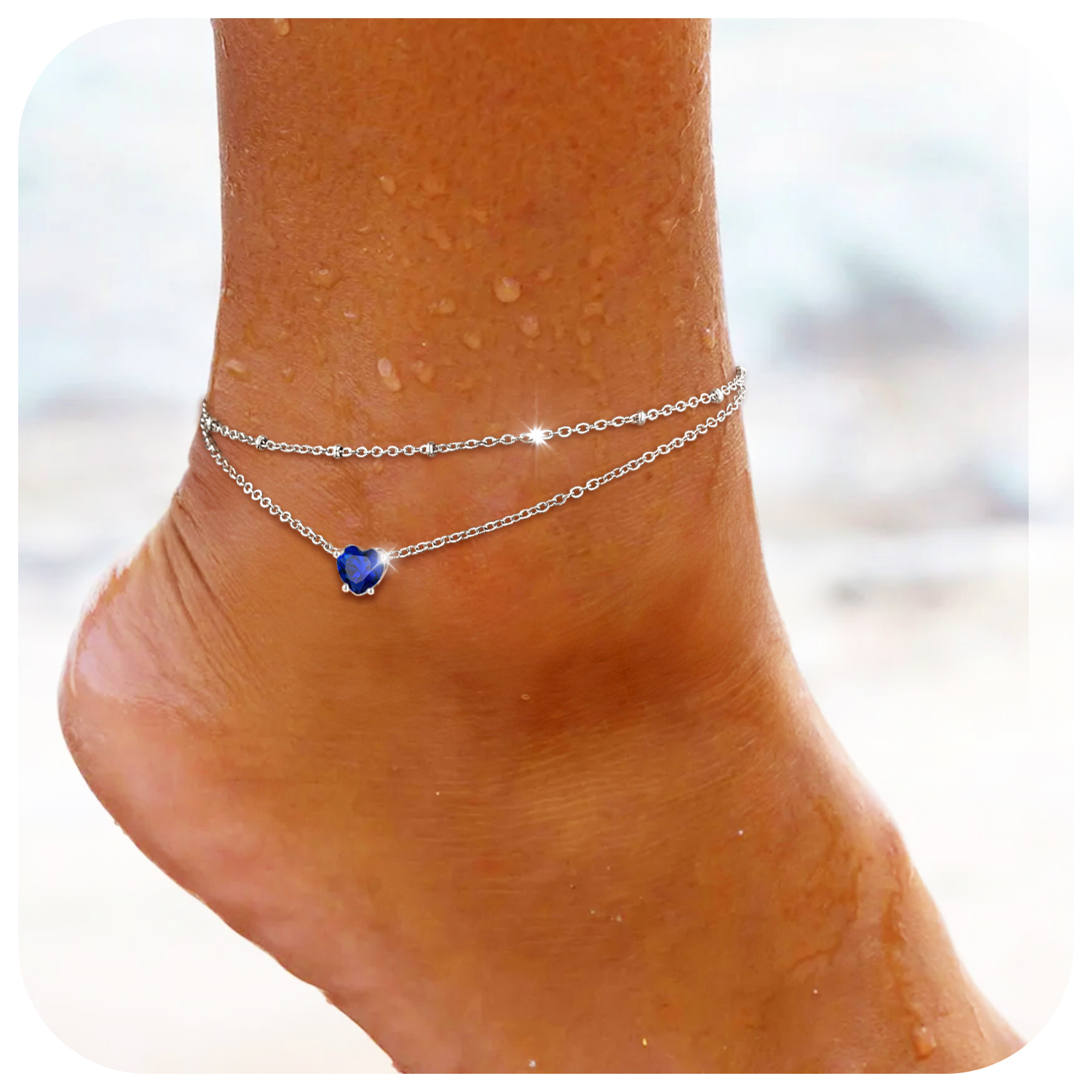 Anklets for Women Waterproof, Bling Heart Birthstone Ankle Bracelets Stainless Steel Silver Layered Beaded Foot Chain Summer Jewelry for Birthday Valentines Day with Gift Box