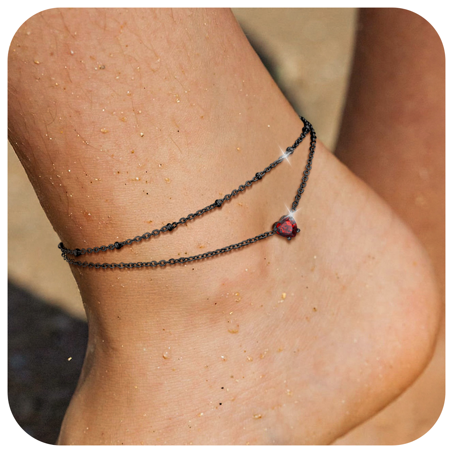 Anklets for Women Waterproof, Bling Heart Birthstone Ankle Bracelets Stainless Steel Silver Layered Beaded Foot Chain Summer Jewelry for Birthday Valentines Day with Gift Box