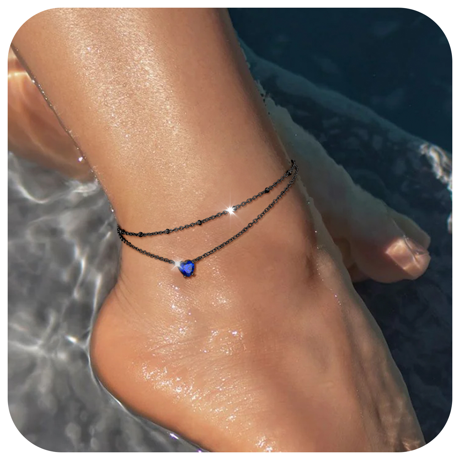 Anklets for Women Waterproof, Bling Heart Birthstone Ankle Bracelets Stainless Steel Silver Layered Beaded Foot Chain Summer Jewelry for Birthday Valentines Day with Gift Box