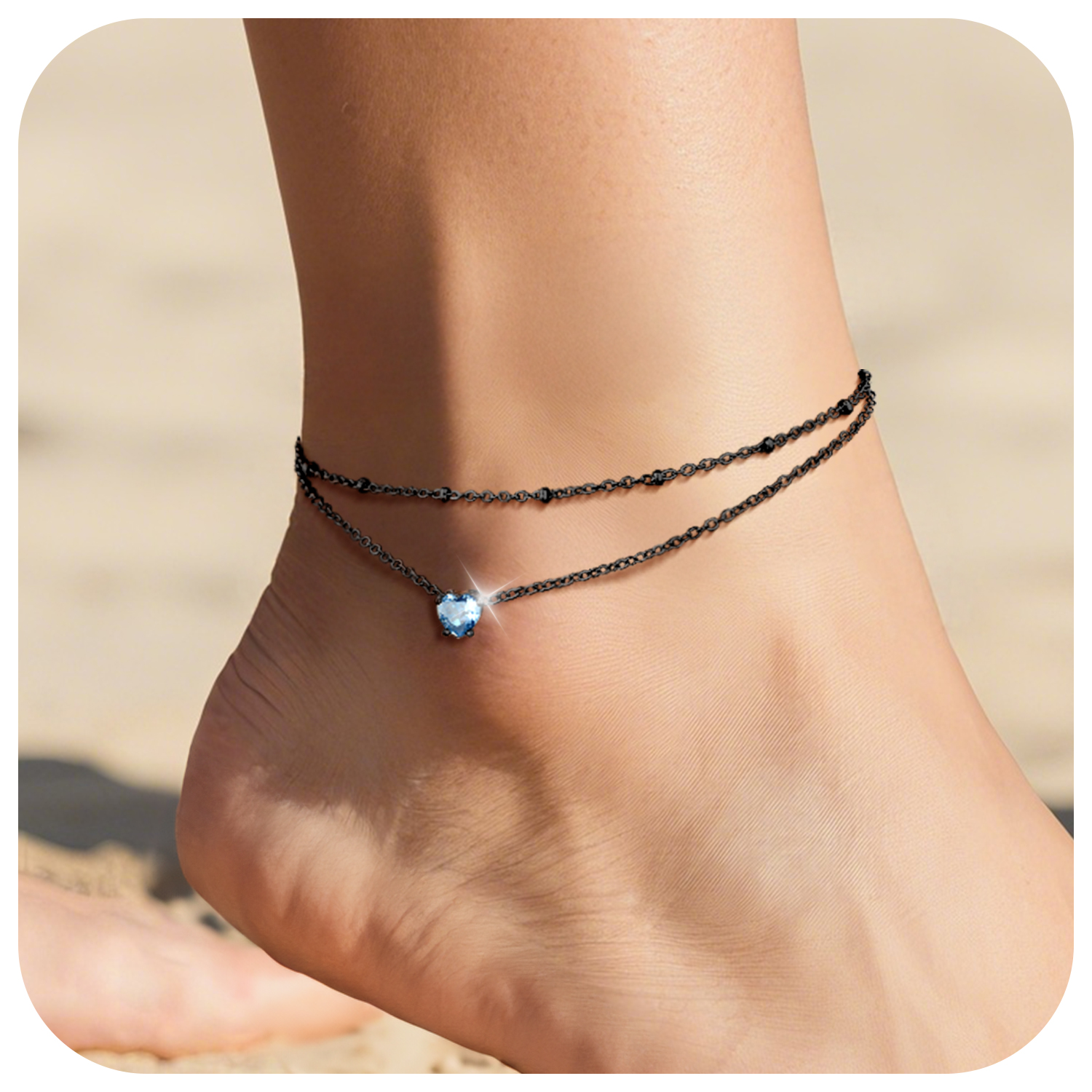 Anklets for Women Waterproof, Bling Heart Birthstone Ankle Bracelets Stainless Steel Silver Layered Beaded Foot Chain Summer Jewelry for Birthday Valentines Day with Gift Box
