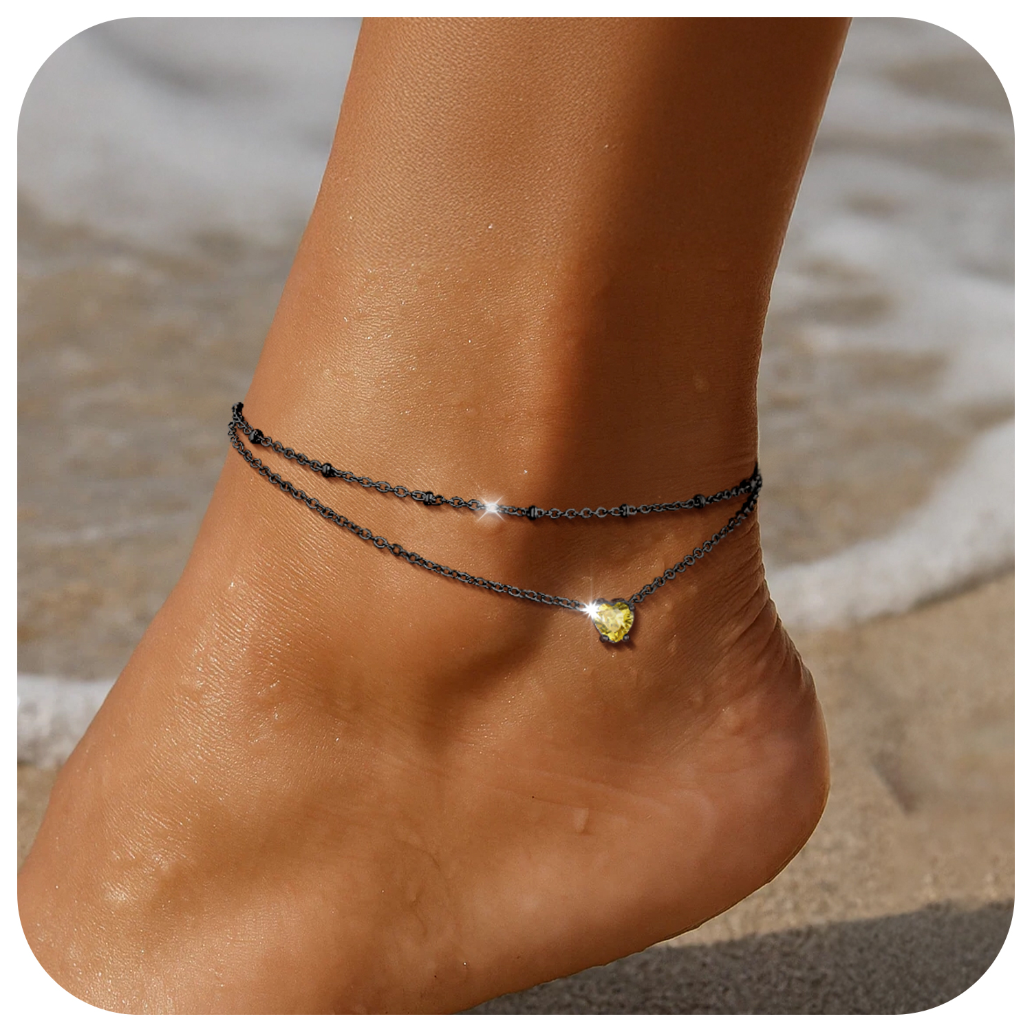 Anklets for Women Waterproof, Bling Heart Birthstone Ankle Bracelets Stainless Steel Silver Layered Beaded Foot Chain Summer Jewelry for Birthday Valentines Day with Gift Box