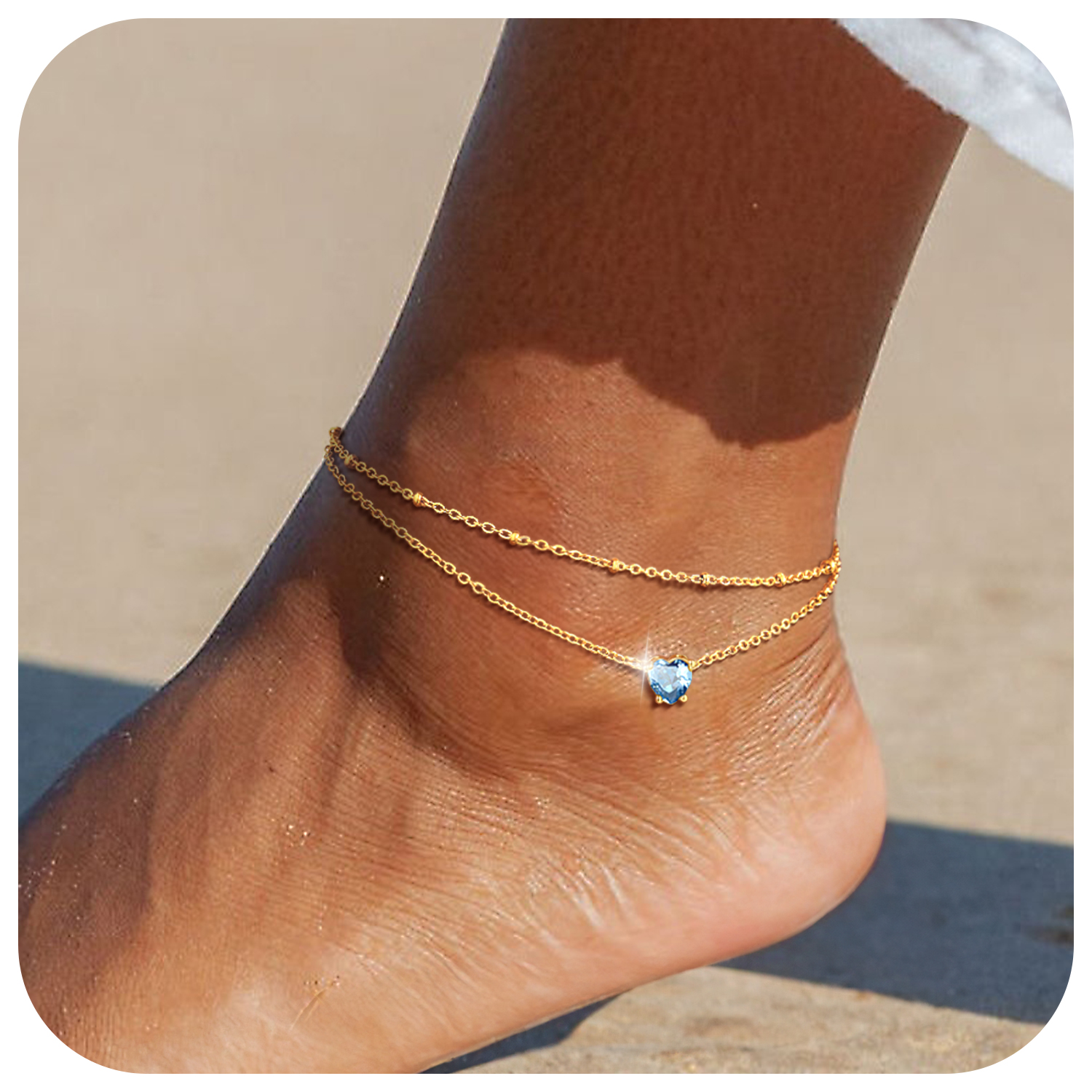 Anklets for Women Waterproof, Bling Heart Birthstone Ankle Bracelets Stainless Steel Silver Layered Beaded Foot Chain Summer Jewelry for Birthday Valentines Day with Gift Box
