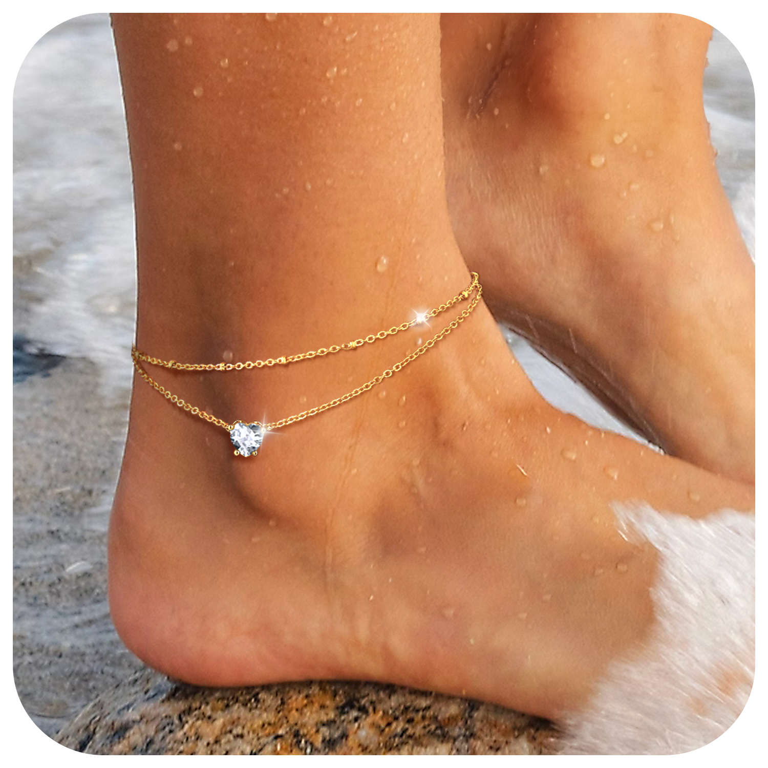 Anklets for Women Waterproof, Bling Heart Birthstone Ankle Bracelets Stainless Steel Silver Layered Beaded Foot Chain Summer Jewelry for Birthday Valentines Day with Gift Box