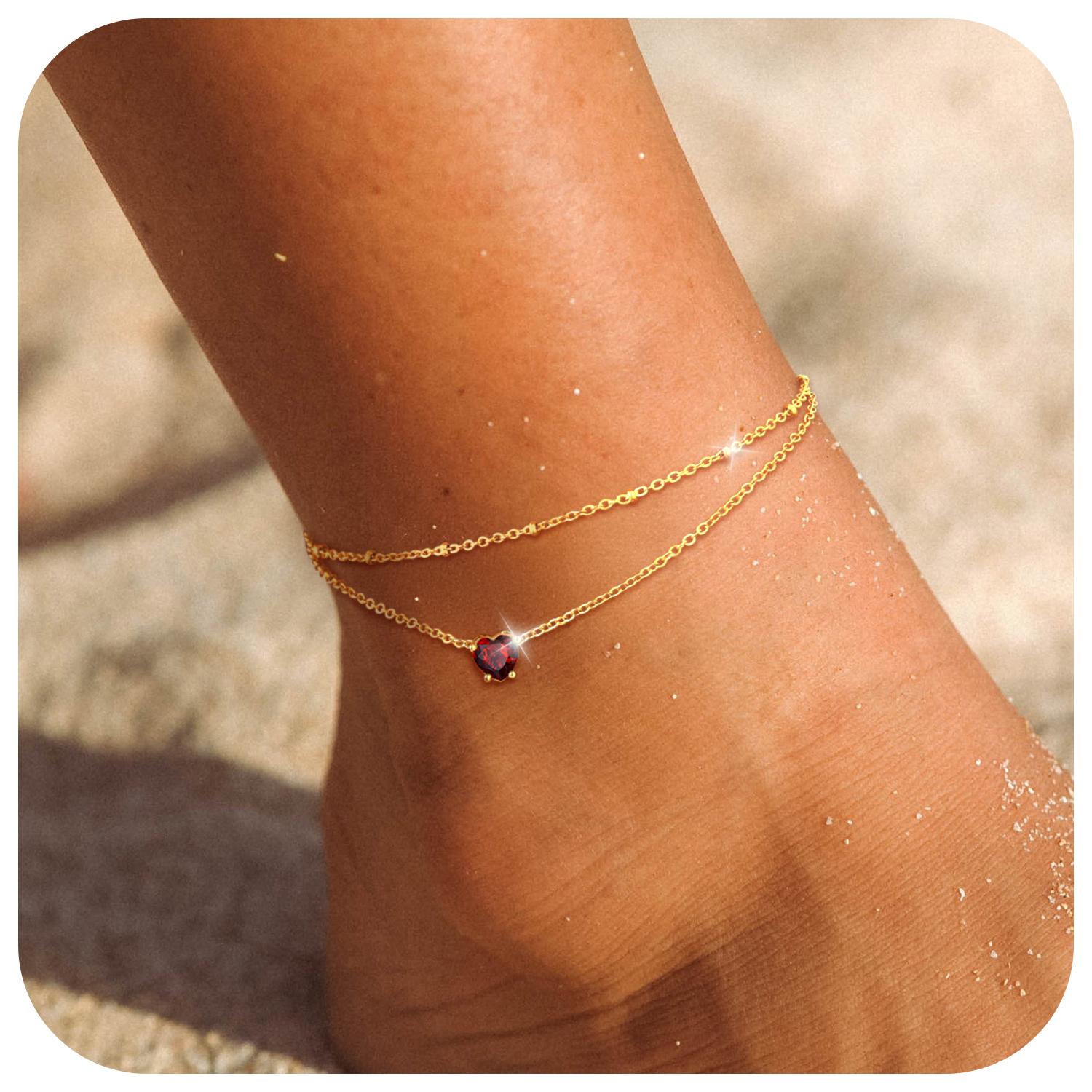 Anklets for Women Waterproof, Bling Heart Birthstone Ankle Bracelets Stainless Steel Silver Layered Beaded Foot Chain Summer Jewelry for Birthday Valentines Day with Gift Box