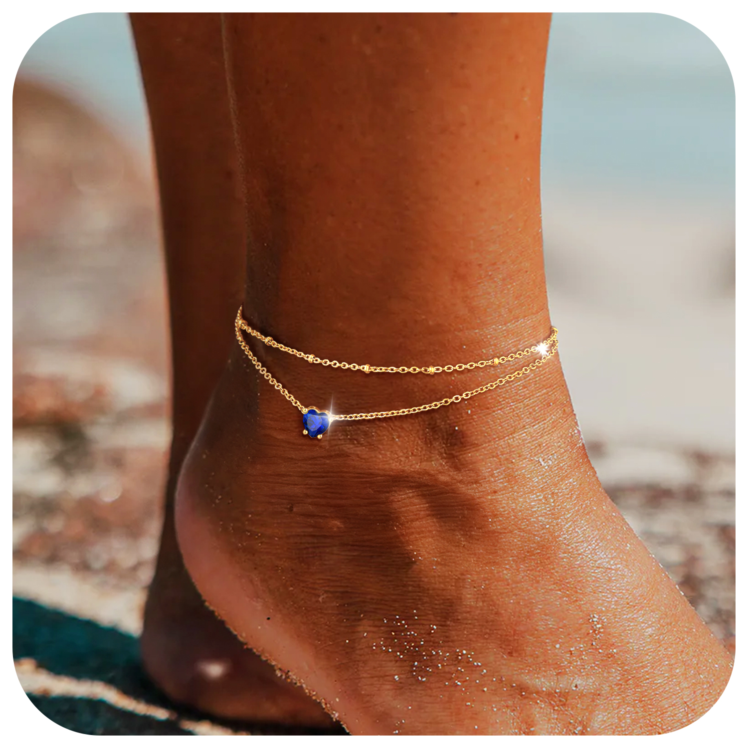 Anklets for Women Waterproof, Bling Heart Birthstone Ankle Bracelets Stainless Steel Silver Layered Beaded Foot Chain Summer Jewelry for Birthday Valentines Day with Gift Box