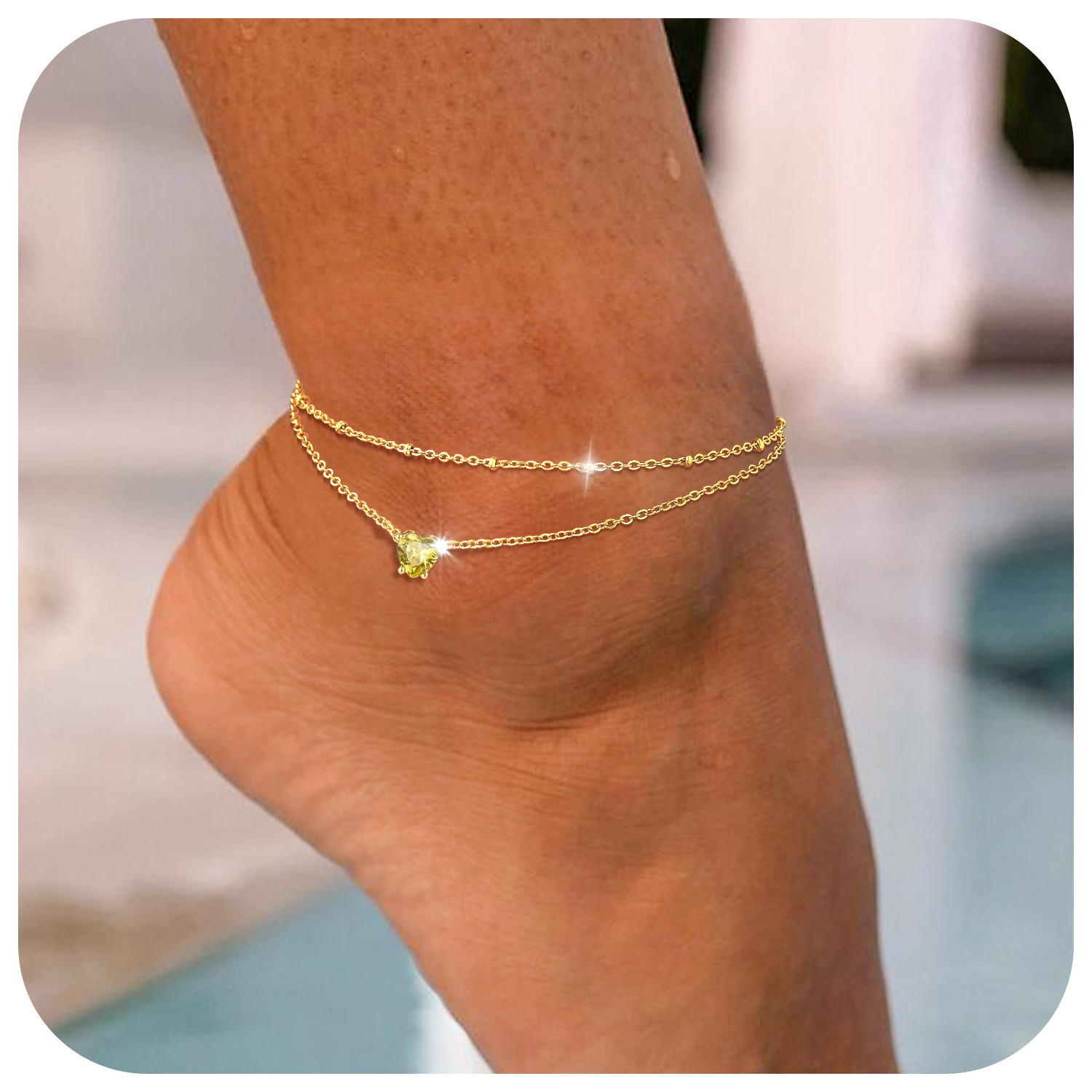 Anklets for Women Waterproof, Bling Heart Birthstone Ankle Bracelets Stainless Steel Silver Layered Beaded Foot Chain Summer Jewelry for Birthday Valentines Day with Gift Box