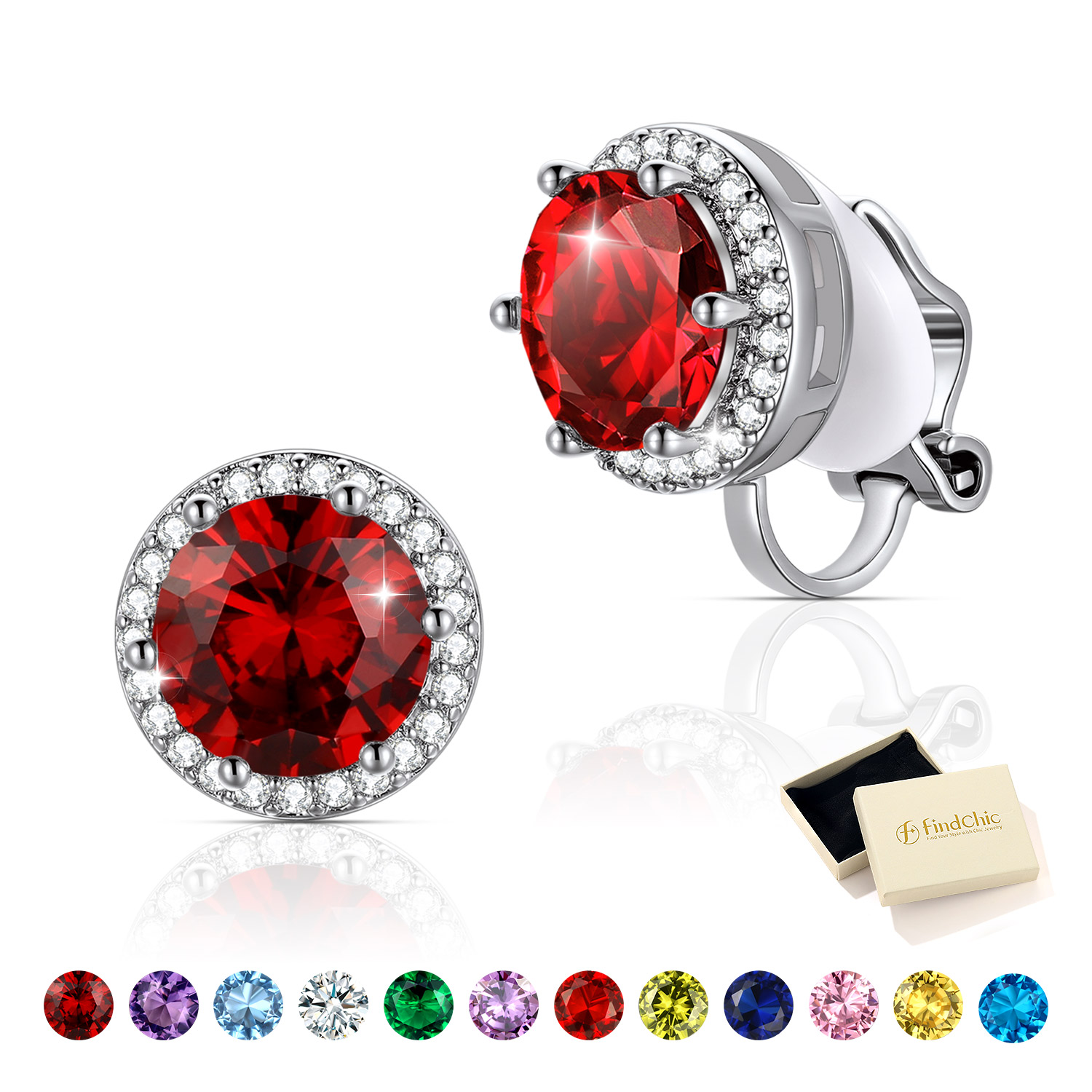 Clip On Earrings for Wome Lightweight 8MM Cubic Zirconia Non Pierced Studs Birthstone Earrings Birthday Valentines Day Jewelry Gifts for Her/Mom/Girlfriend