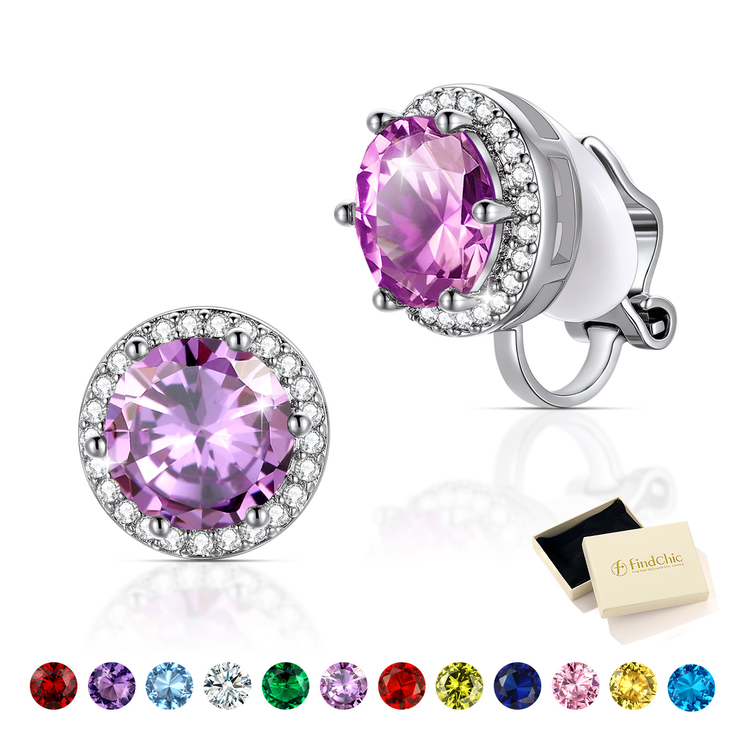 Clip On Earrings for Wome Lightweight 8MM Cubic Zirconia Non Pierced Studs Birthstone Earrings Birthday Valentines Day Jewelry Gifts for Her/Mom/Girlfriend